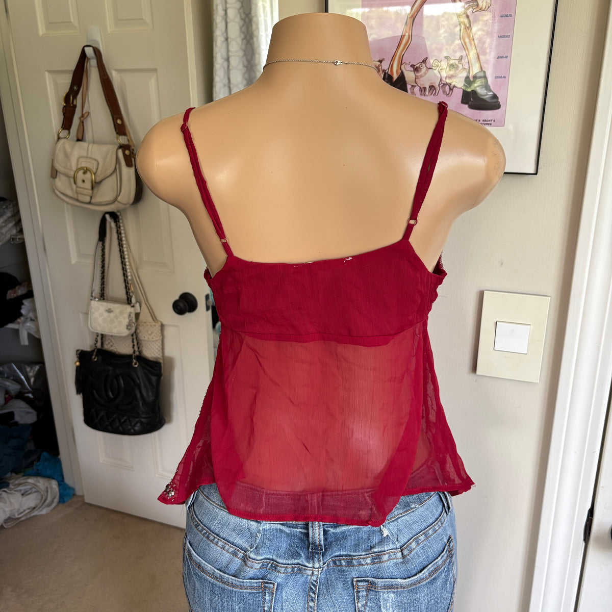 00s red beaded v neck cami (size S)
