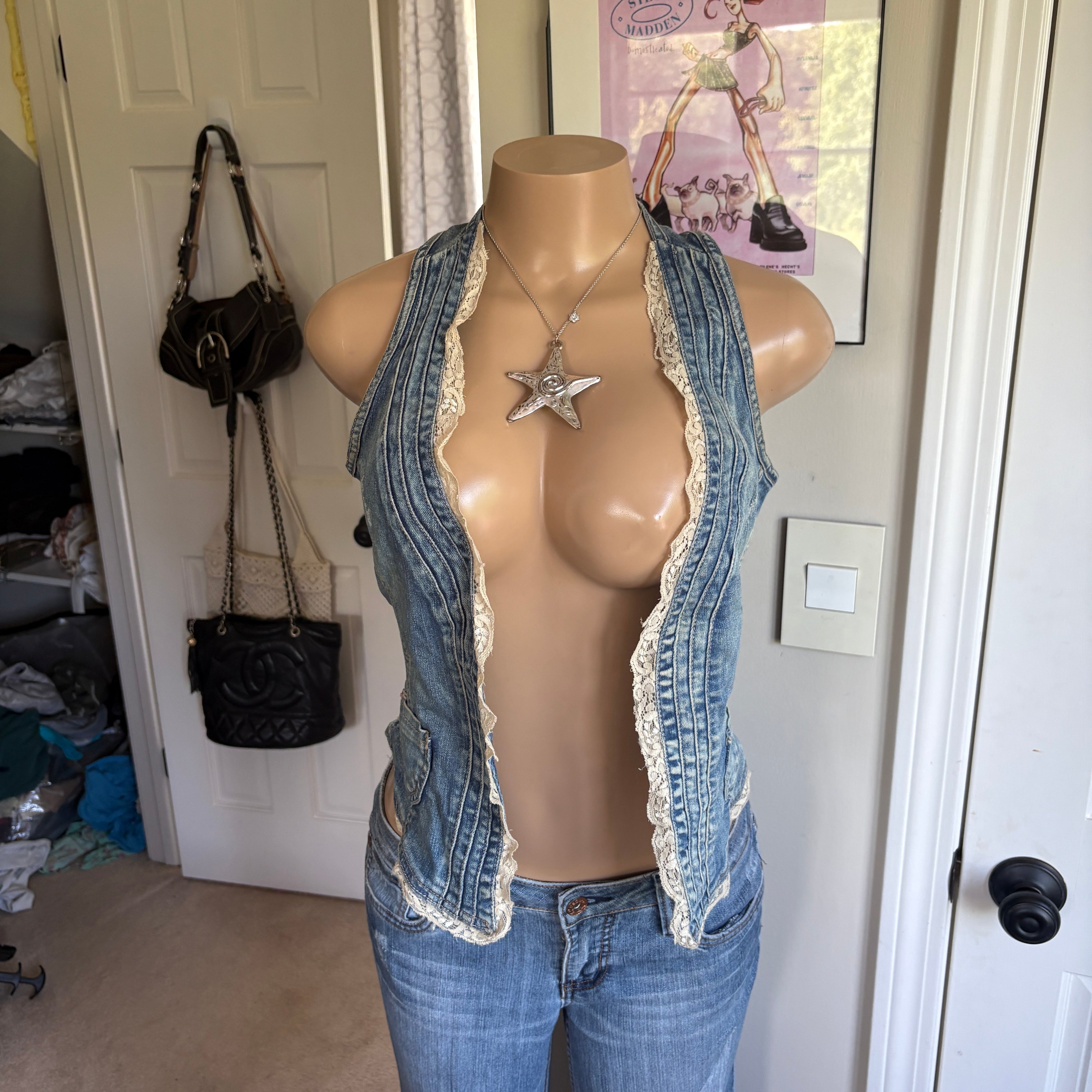 00s blue denim & lace vest (size M)