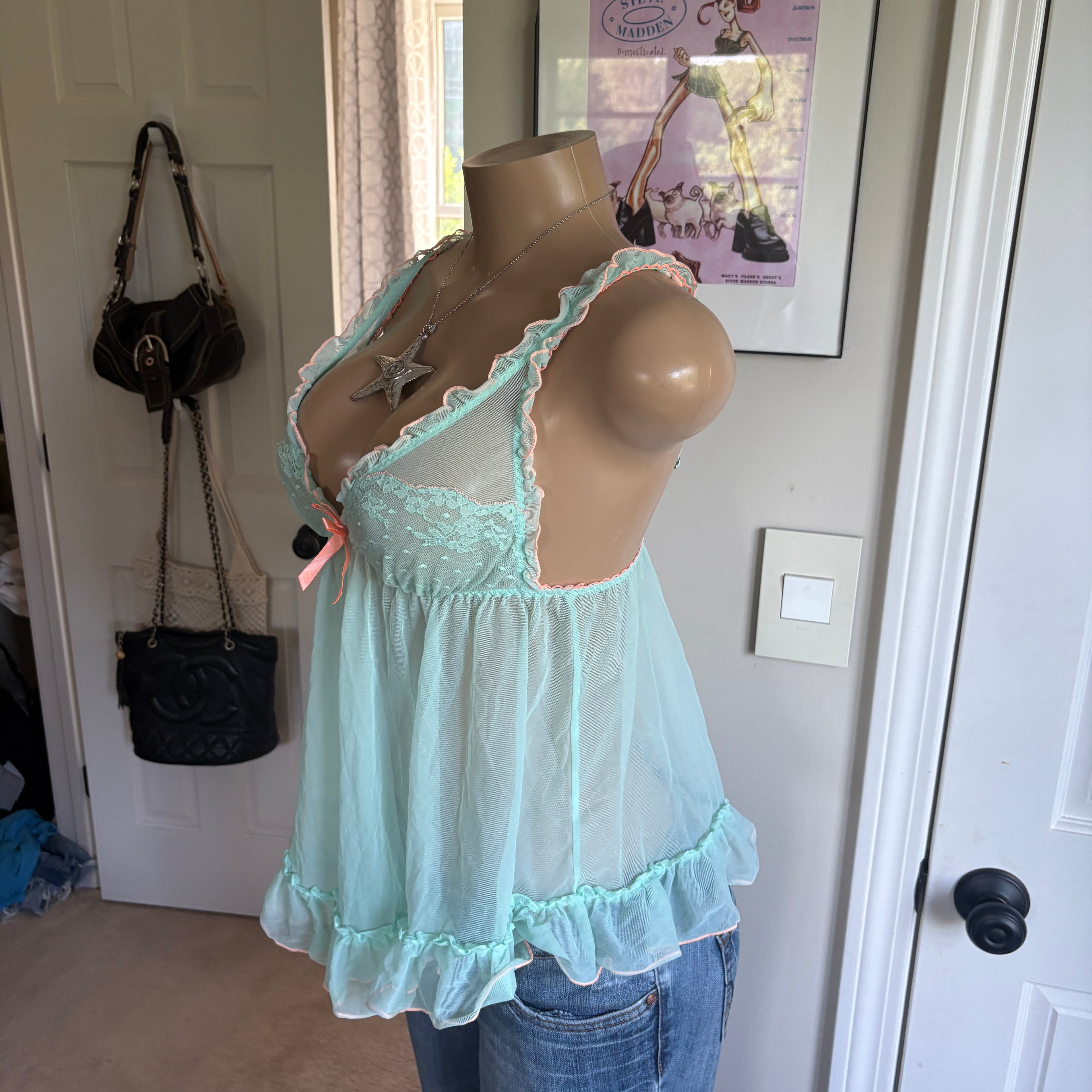 00s Victoria's Secret blue bow babydoll slip cami (size S)