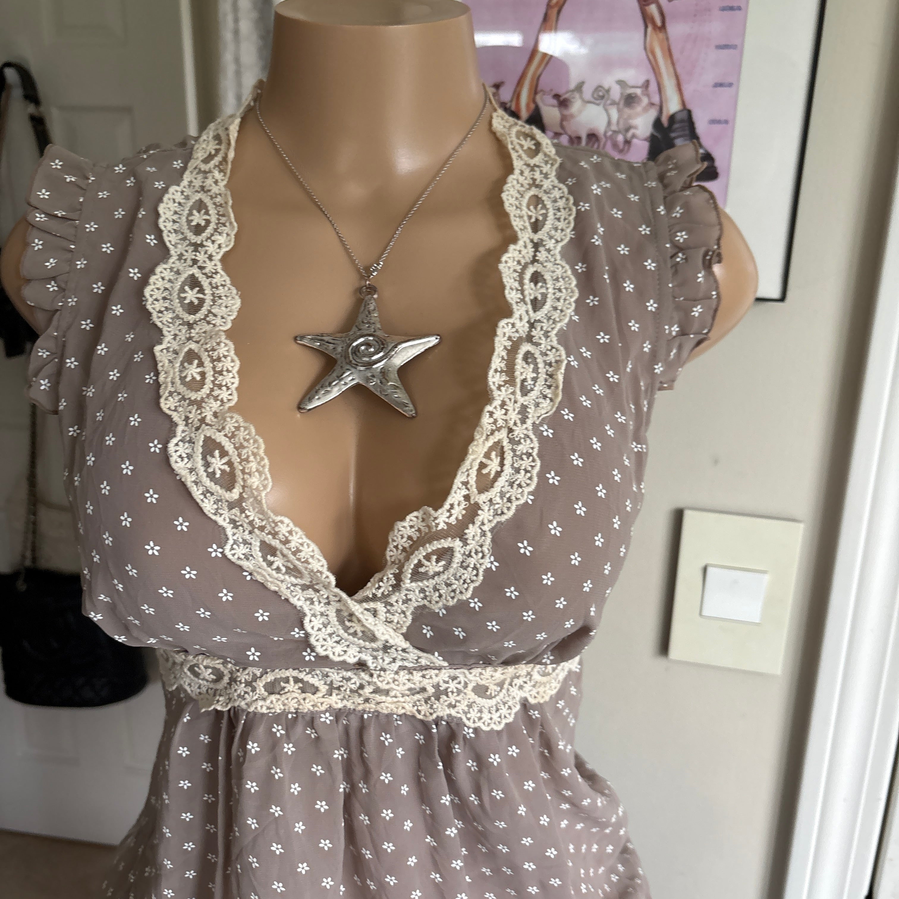 00s tan polka dot tie back babydoll top (size S/M)