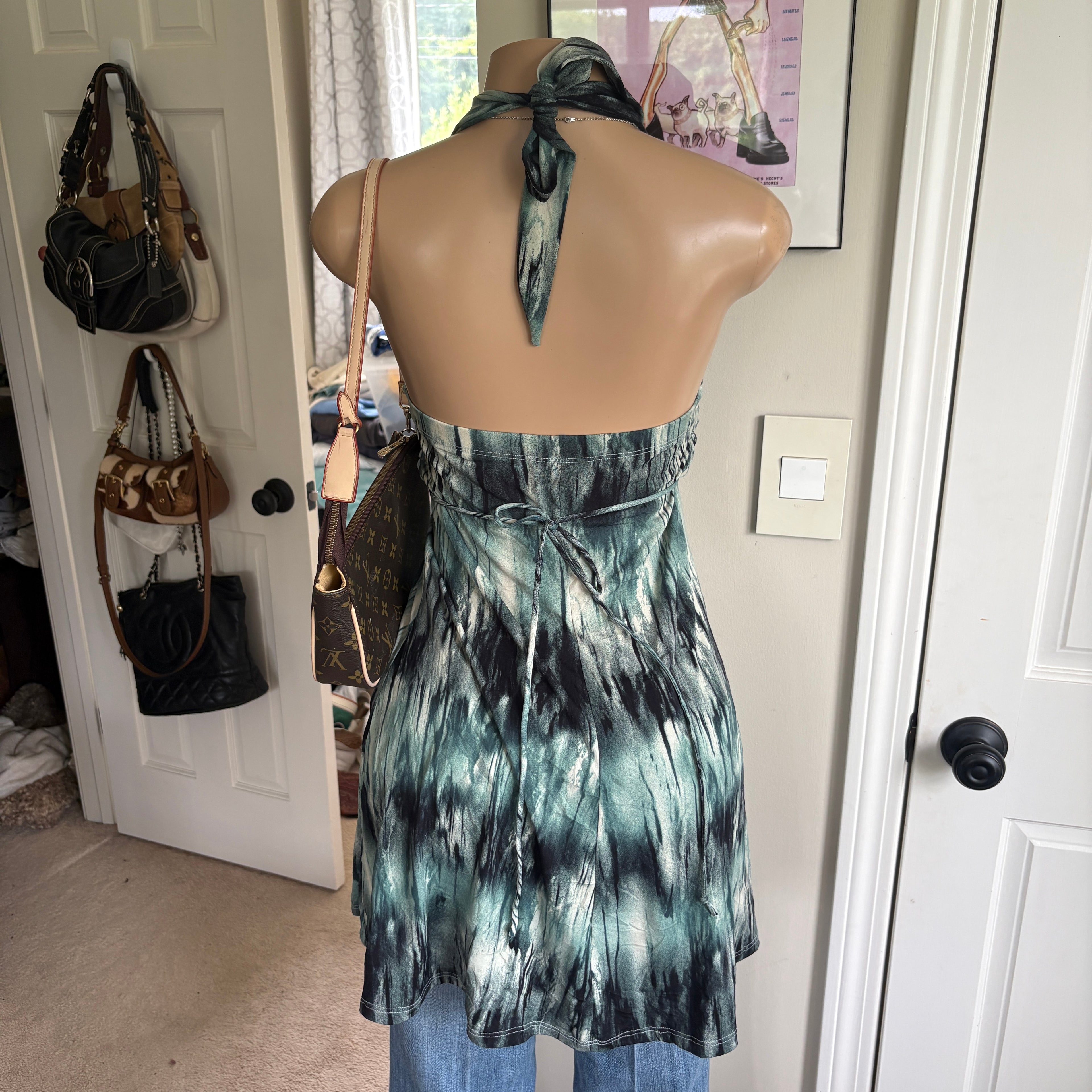 00s unique blue printed halter dress (size M)