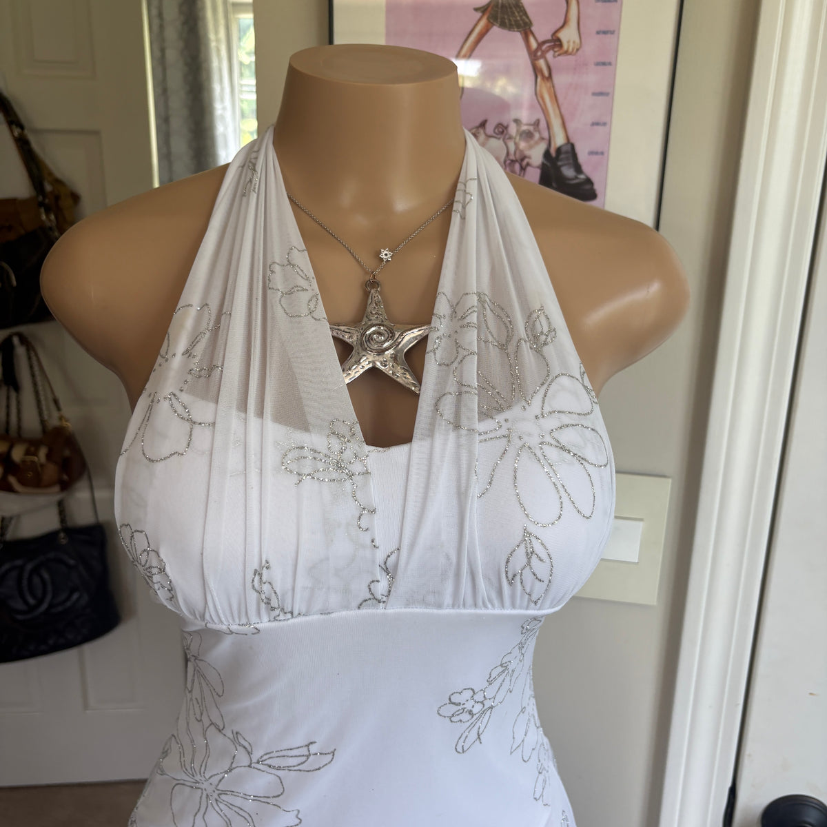 00s white floral halter dress (size S)