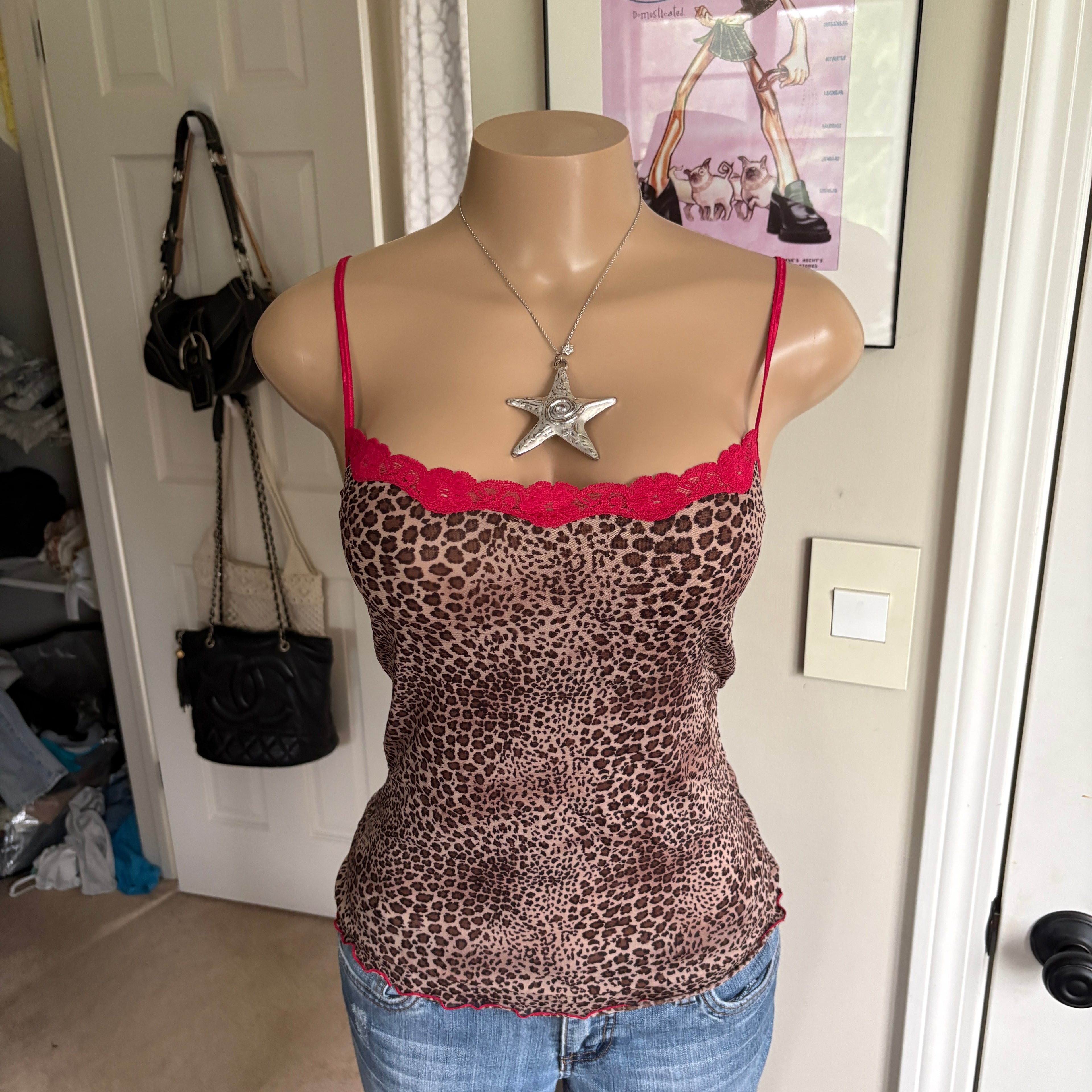 00s leopard print & red lace cami (size L)