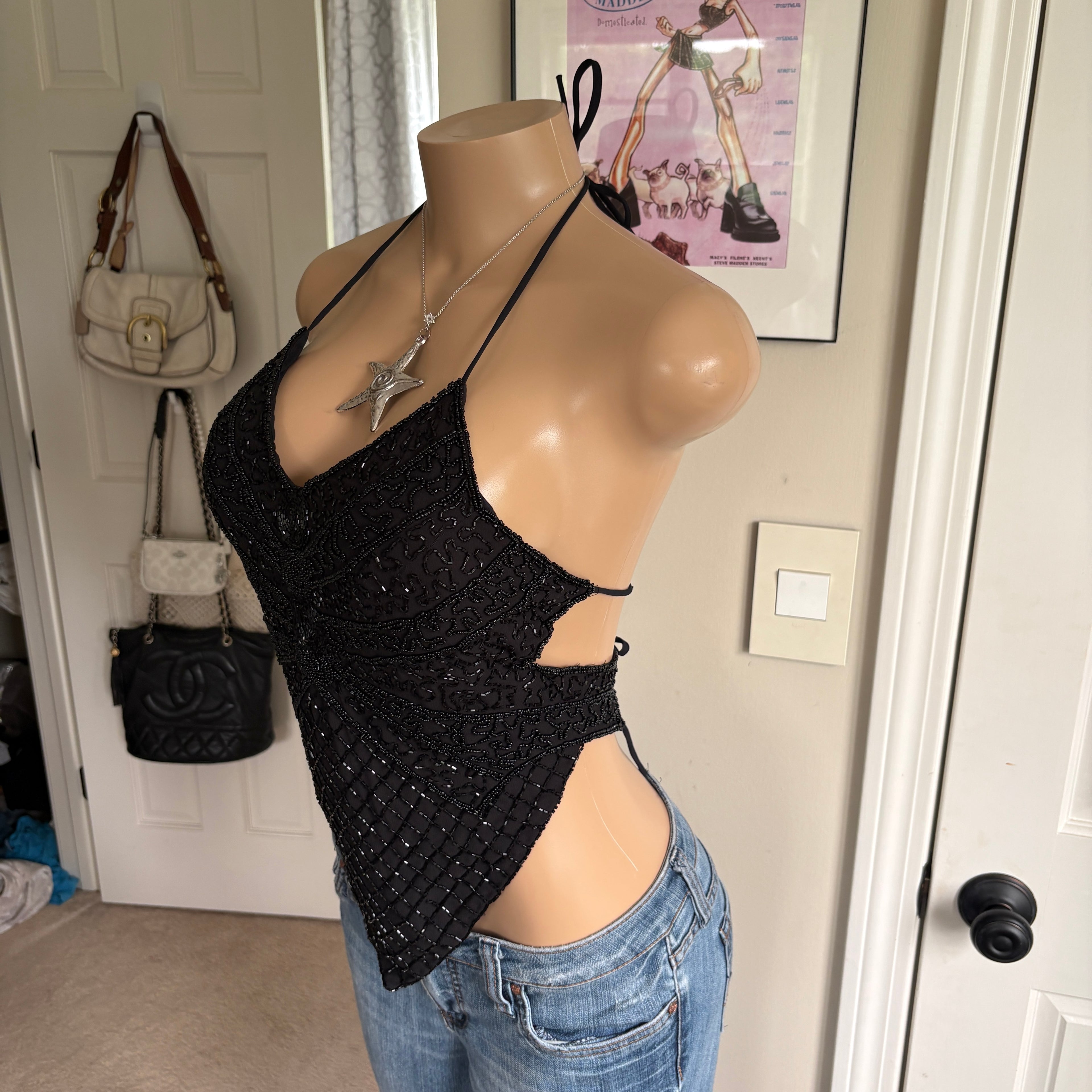 00s black beaded butterfly halter top (size S)