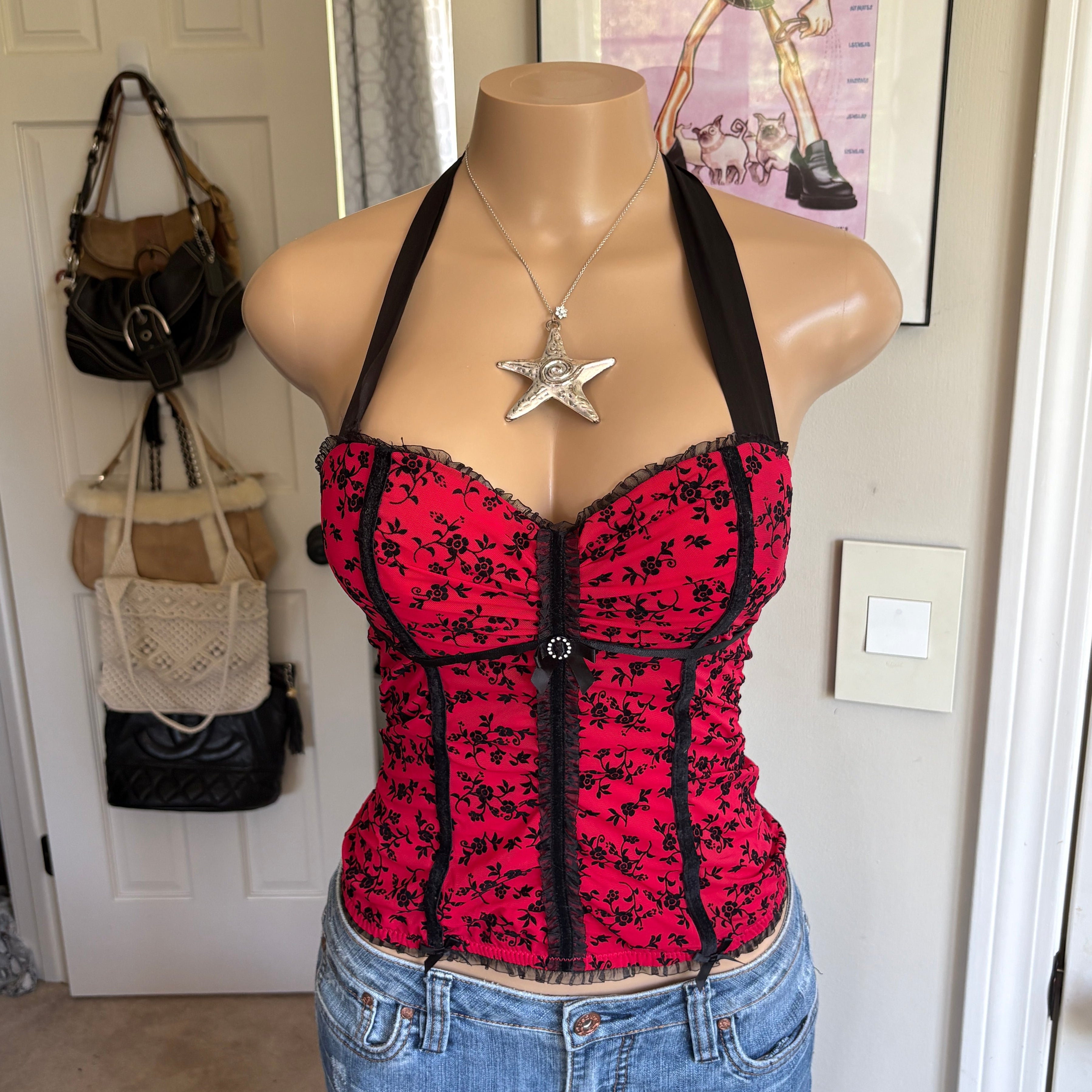 00s red floral halter bustier corset top (size 34B)