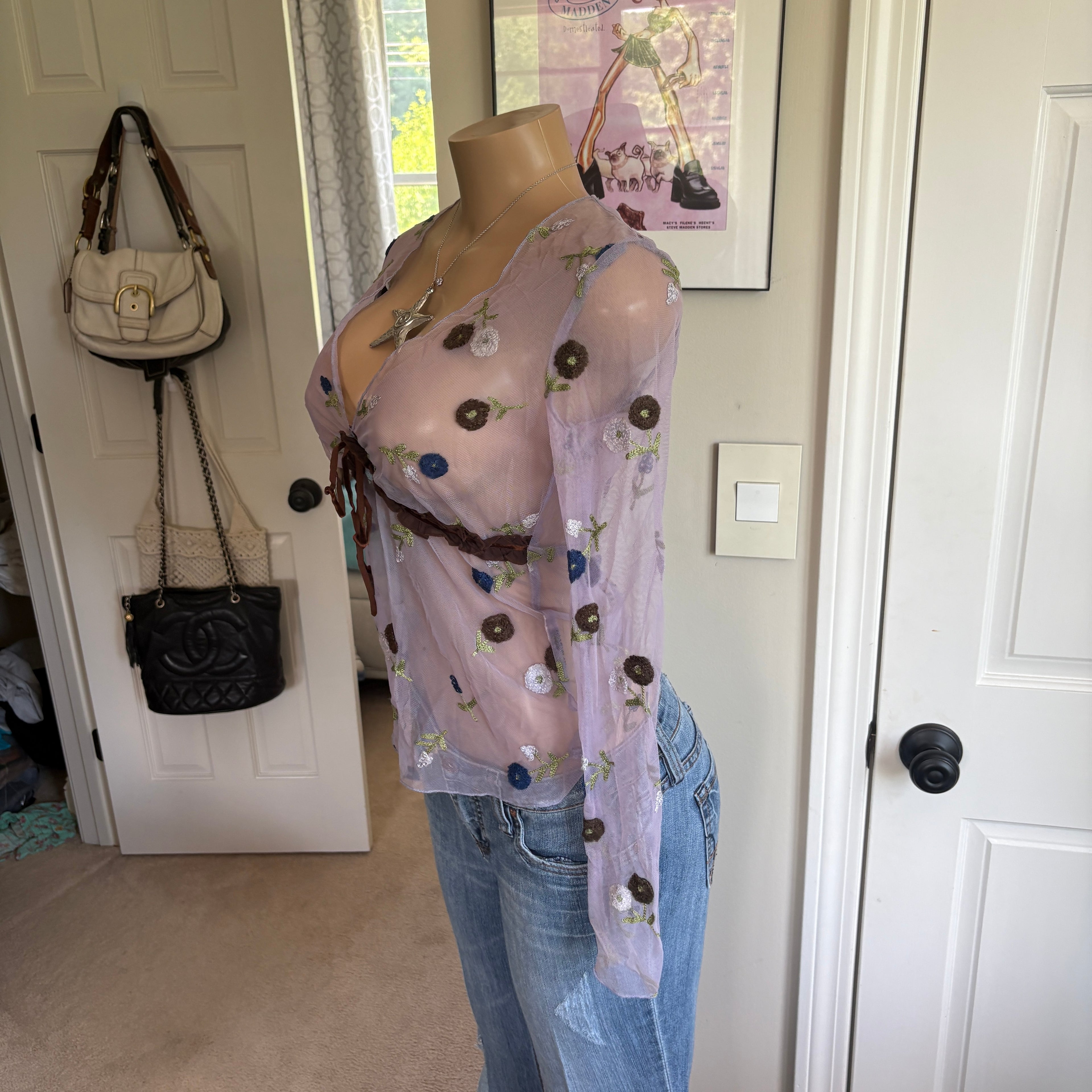 00s purple floral v neck long sleeve (size L)
