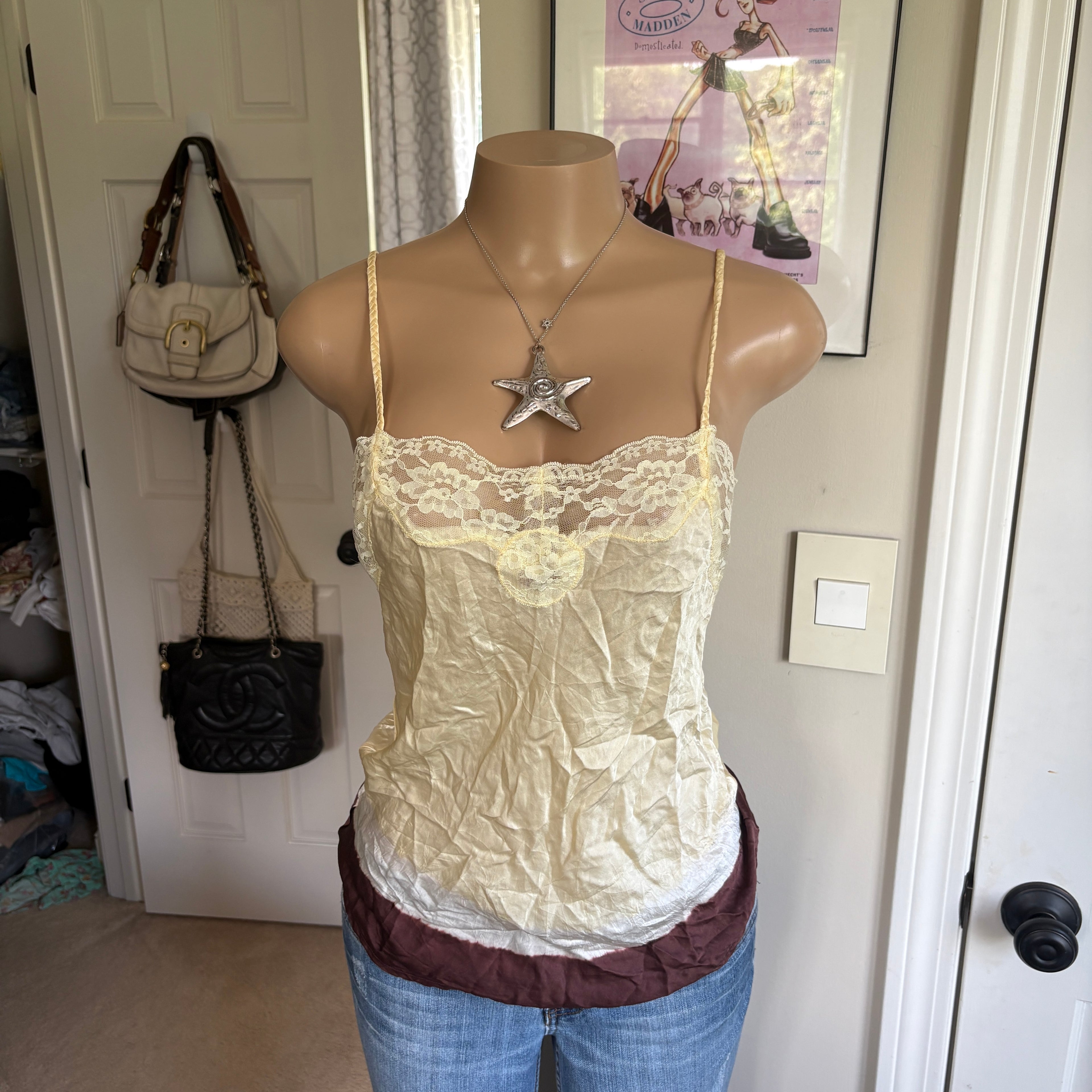 00s pastel yellow & brown silk lace cami (size S)