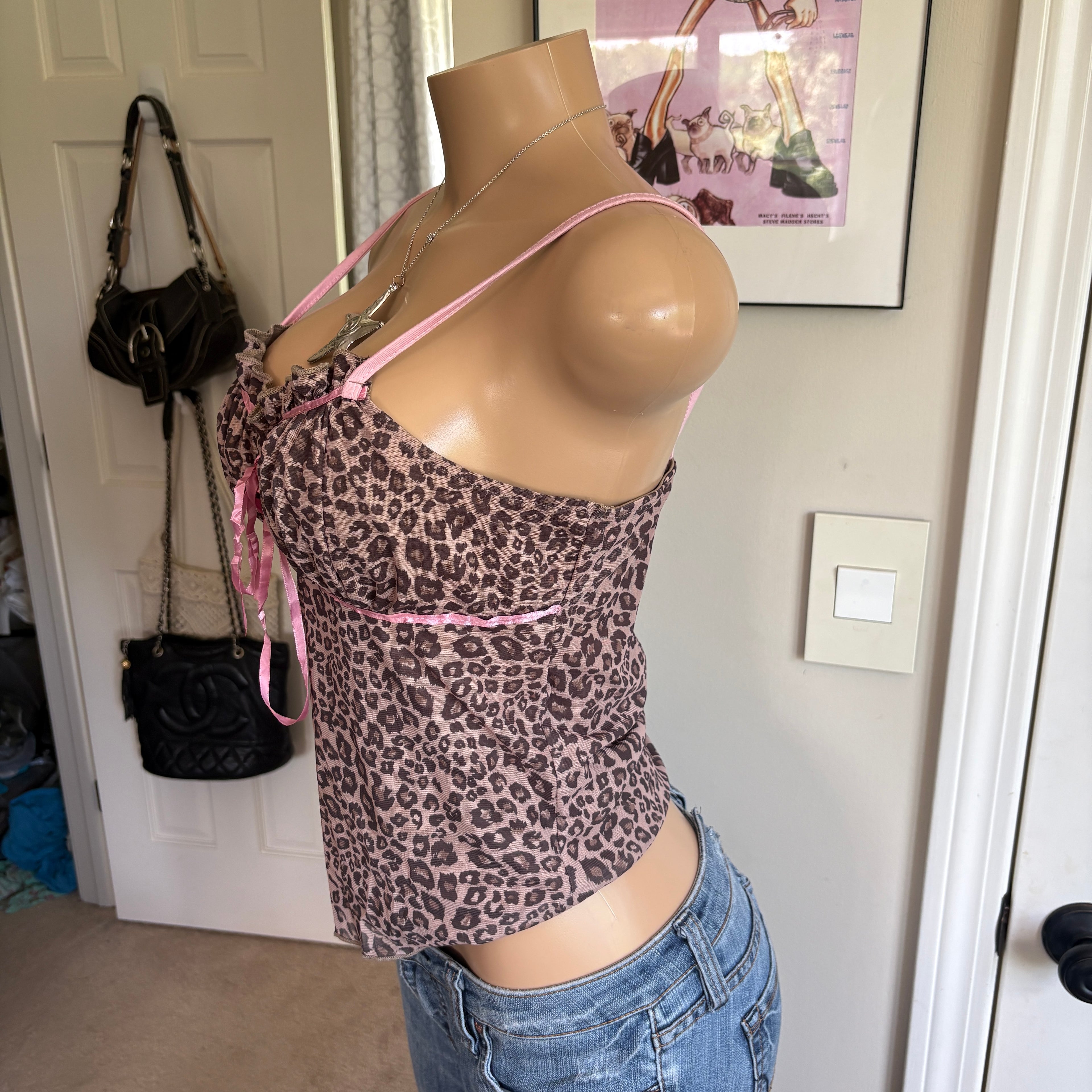 00s leopard & pink bow ribbon cami (size S/M)