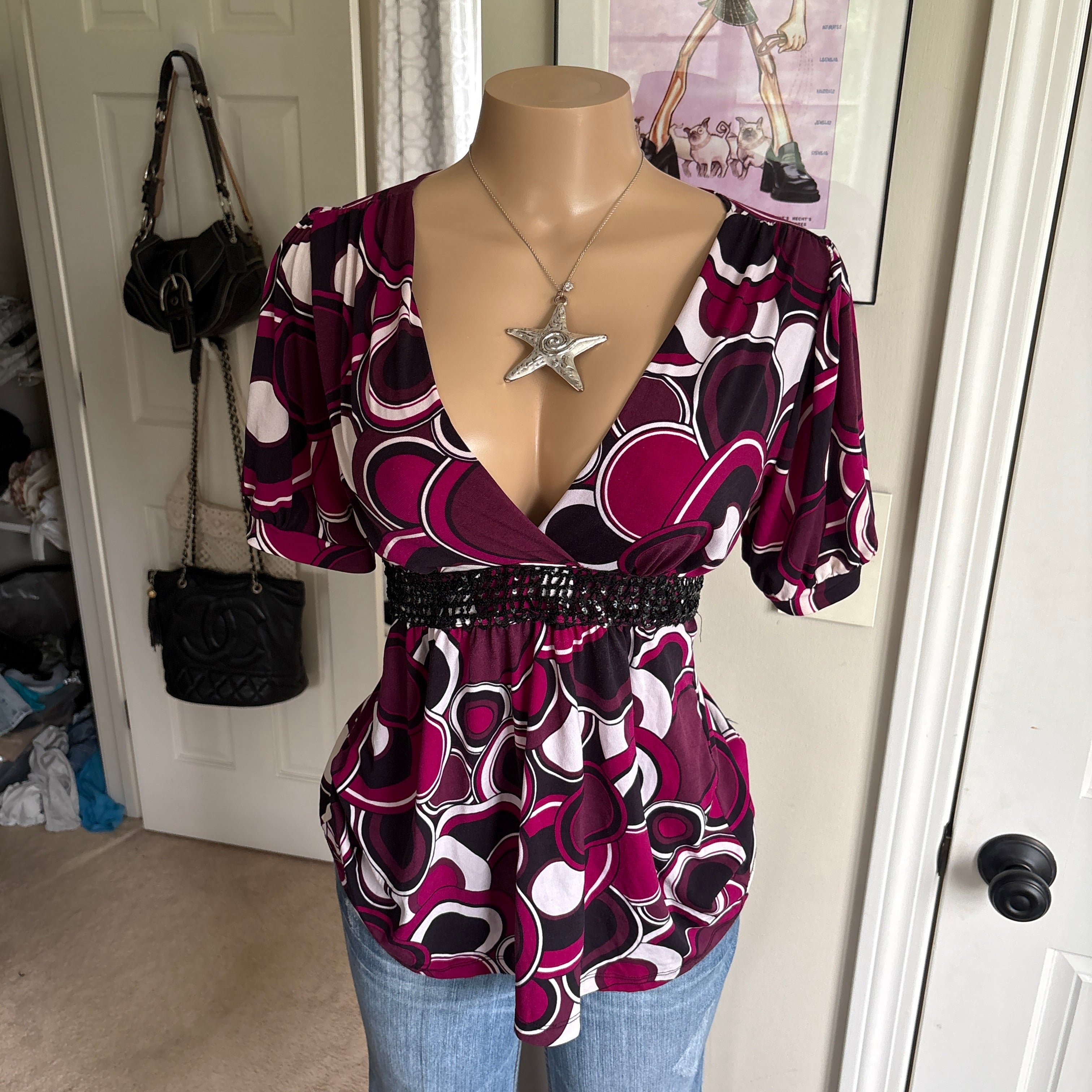 00s purple polka dot retro mod tie back top (size L)