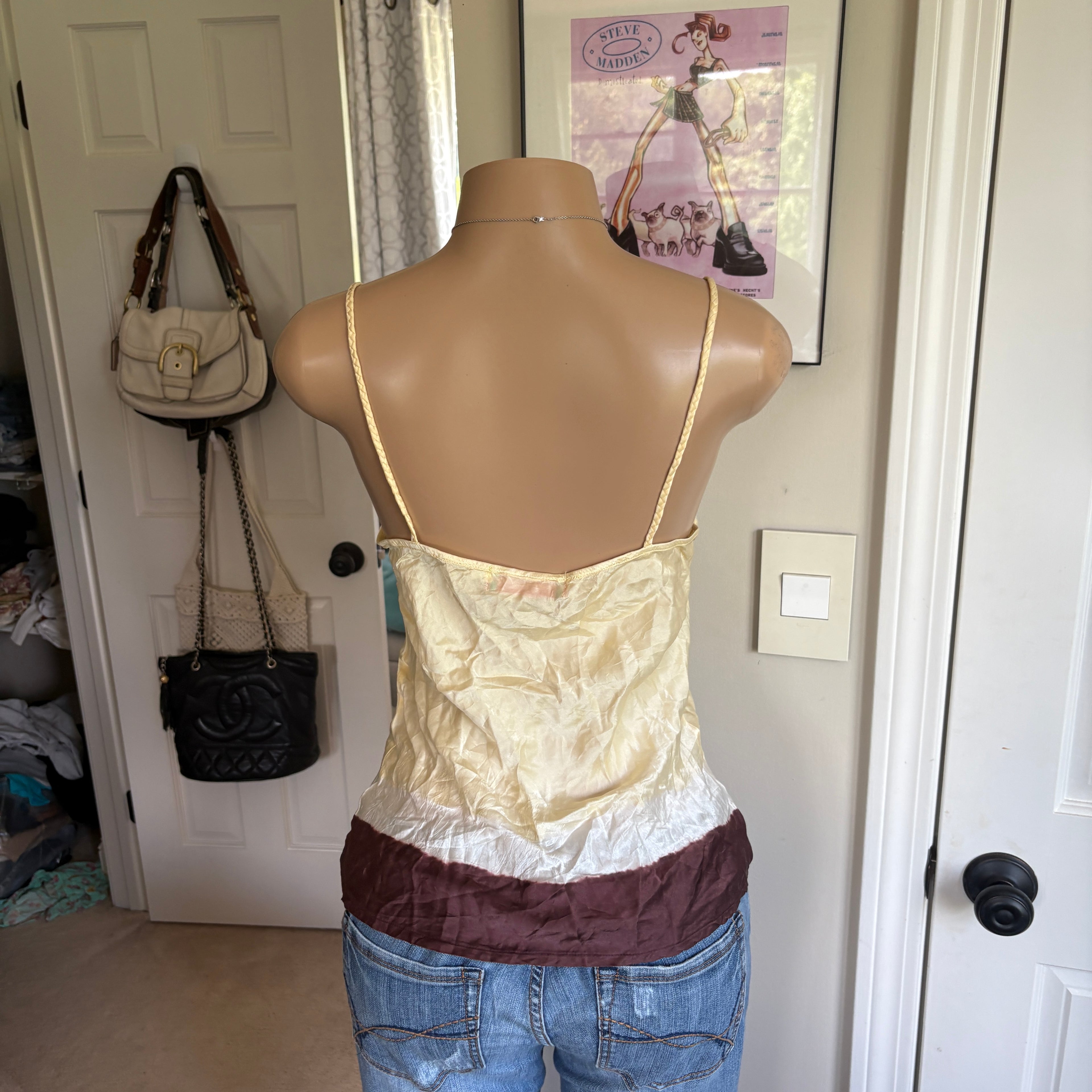 00s pastel yellow & brown silk lace cami (size S)