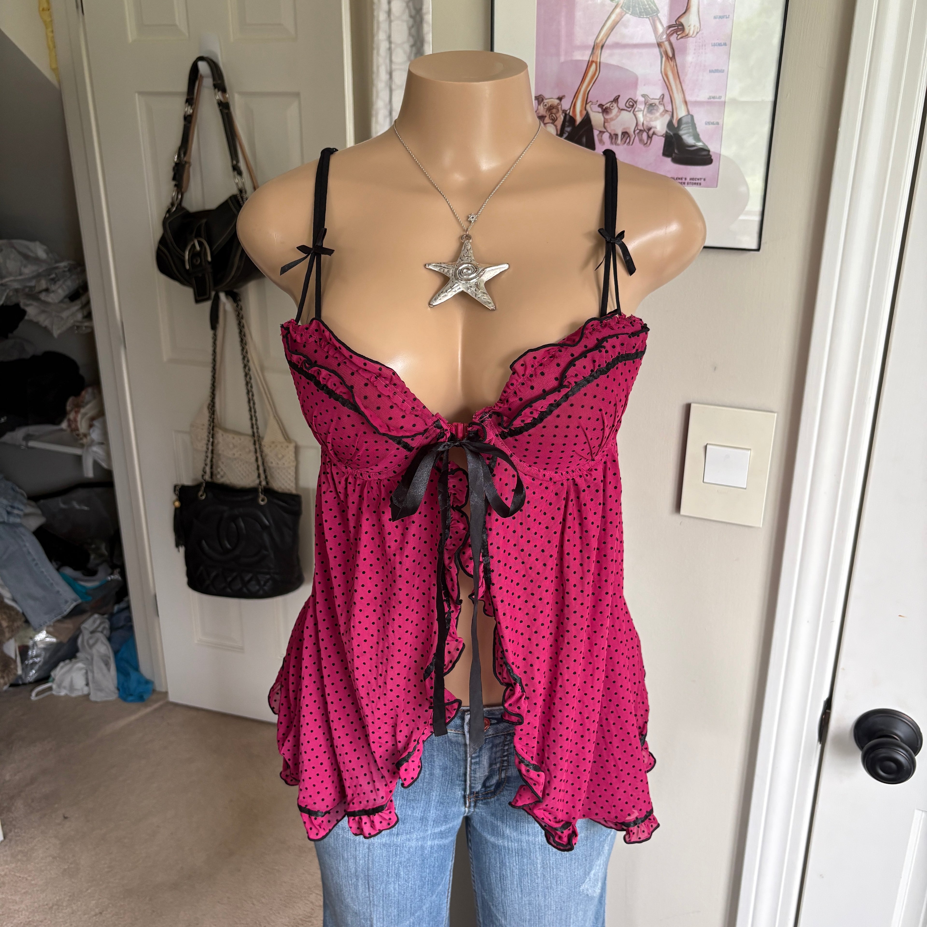 00s raspberry red polka dot babydoll cami (size L)