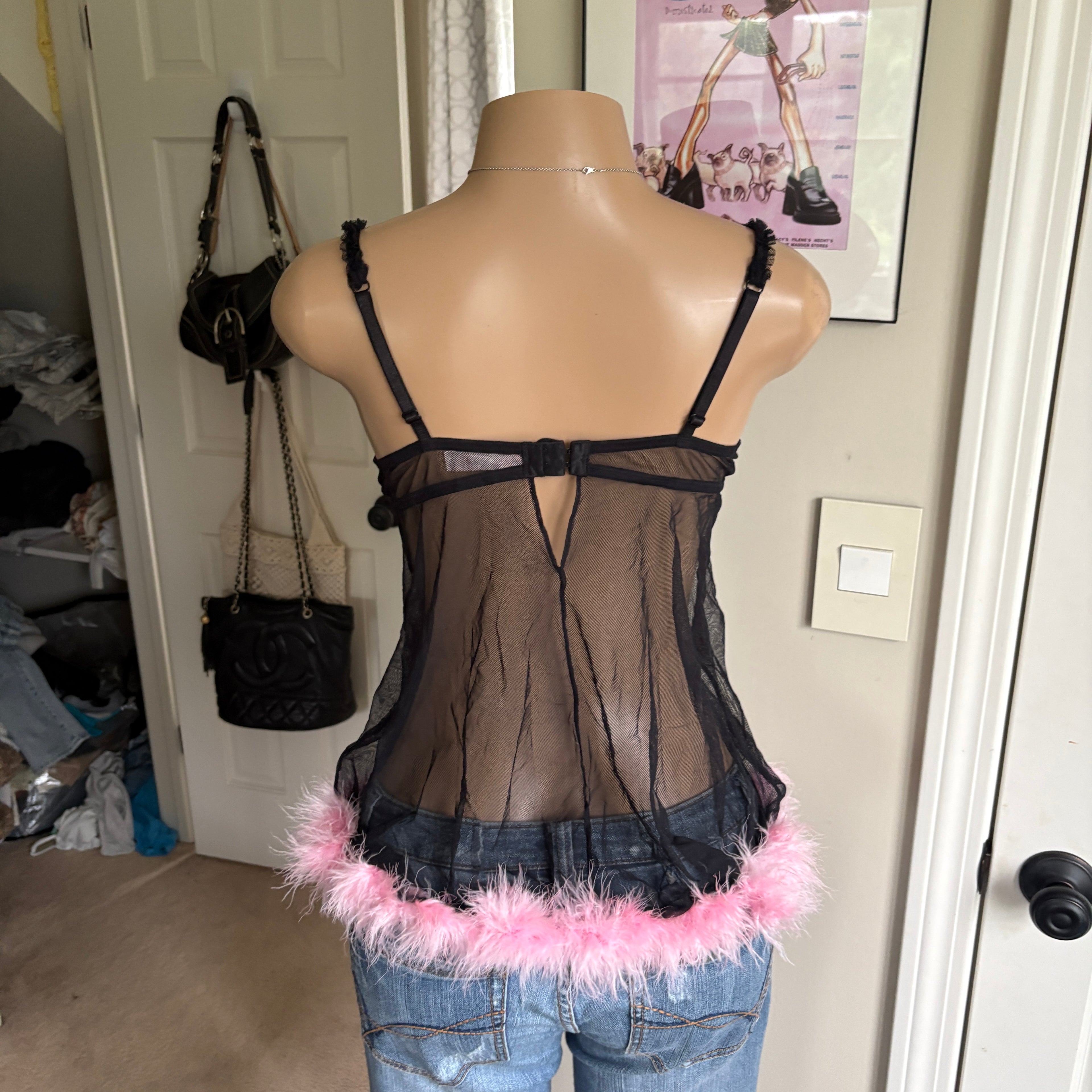 00s black & pink feather bustier cami (size L)