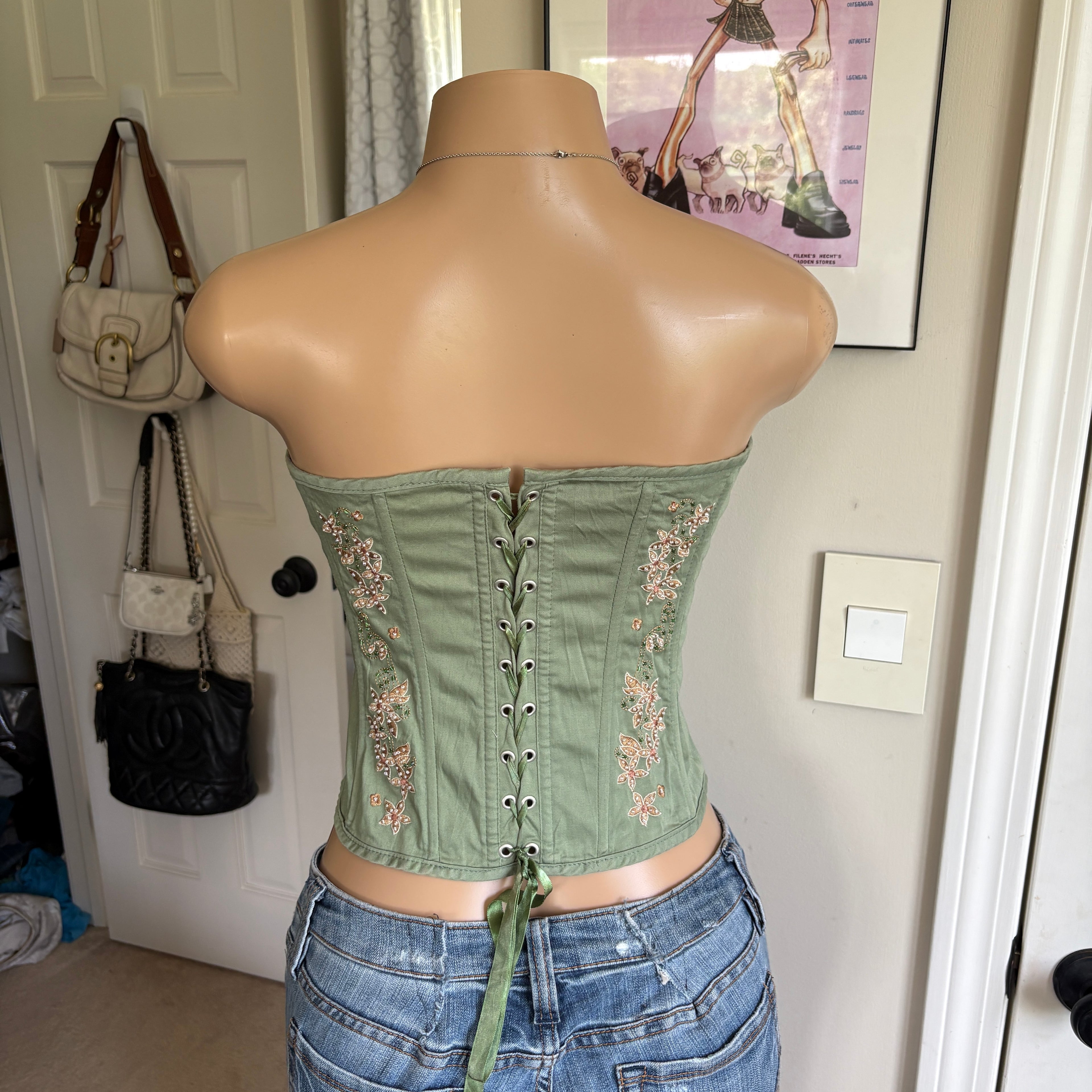00s sage green & pink floral beaded corset top (size S)
