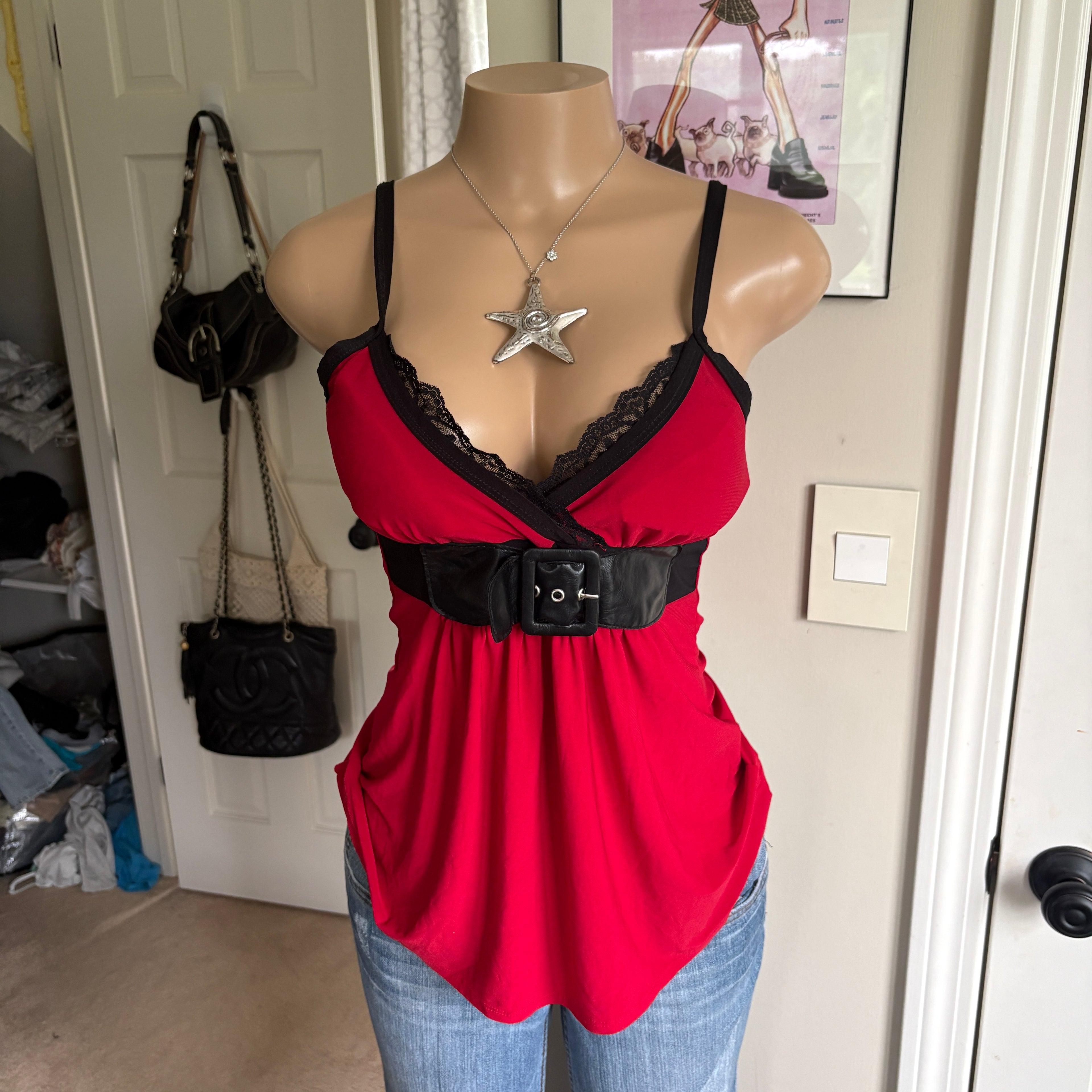 00s red & black buckle v neck cami (size M)