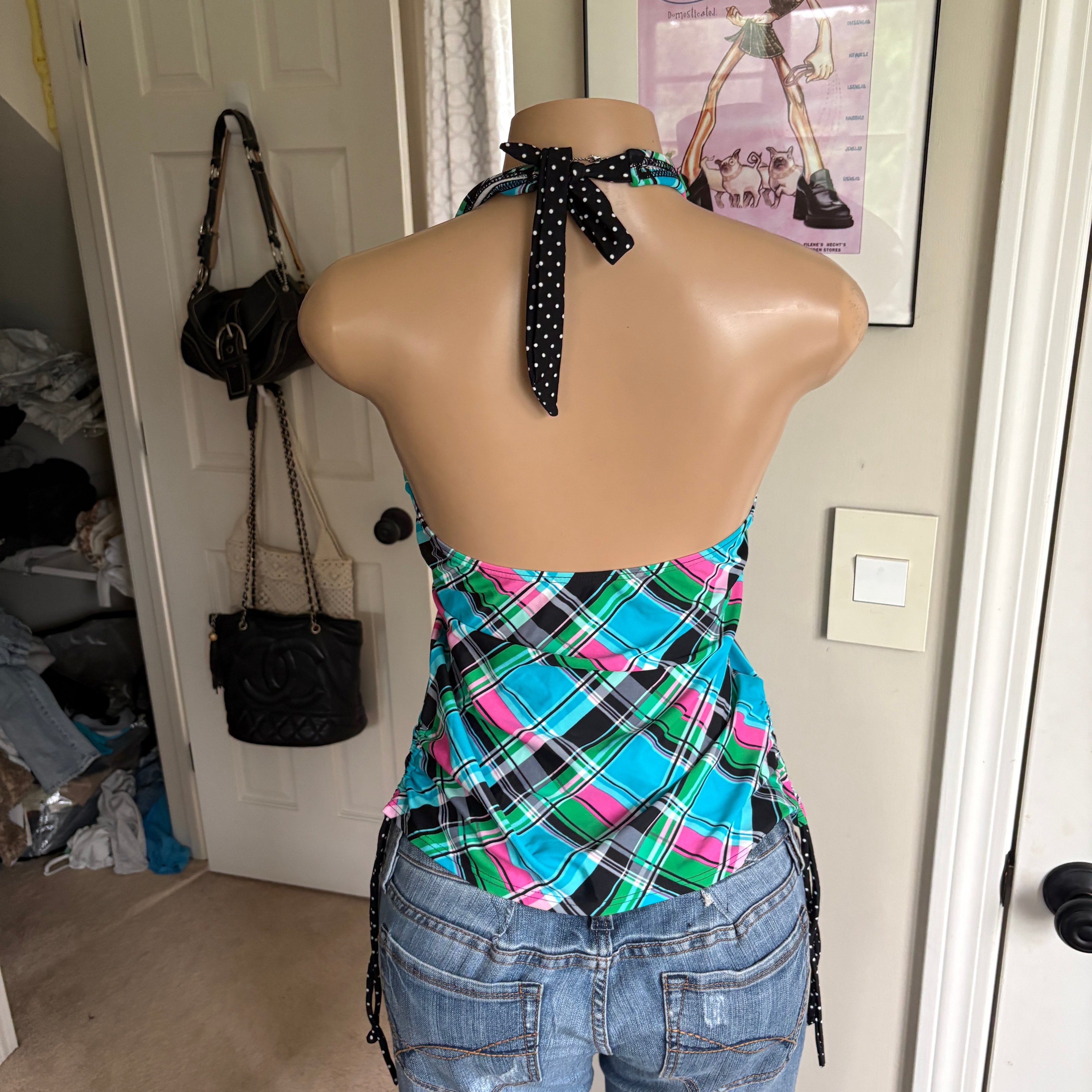 00s blue plaid halter top (size M)