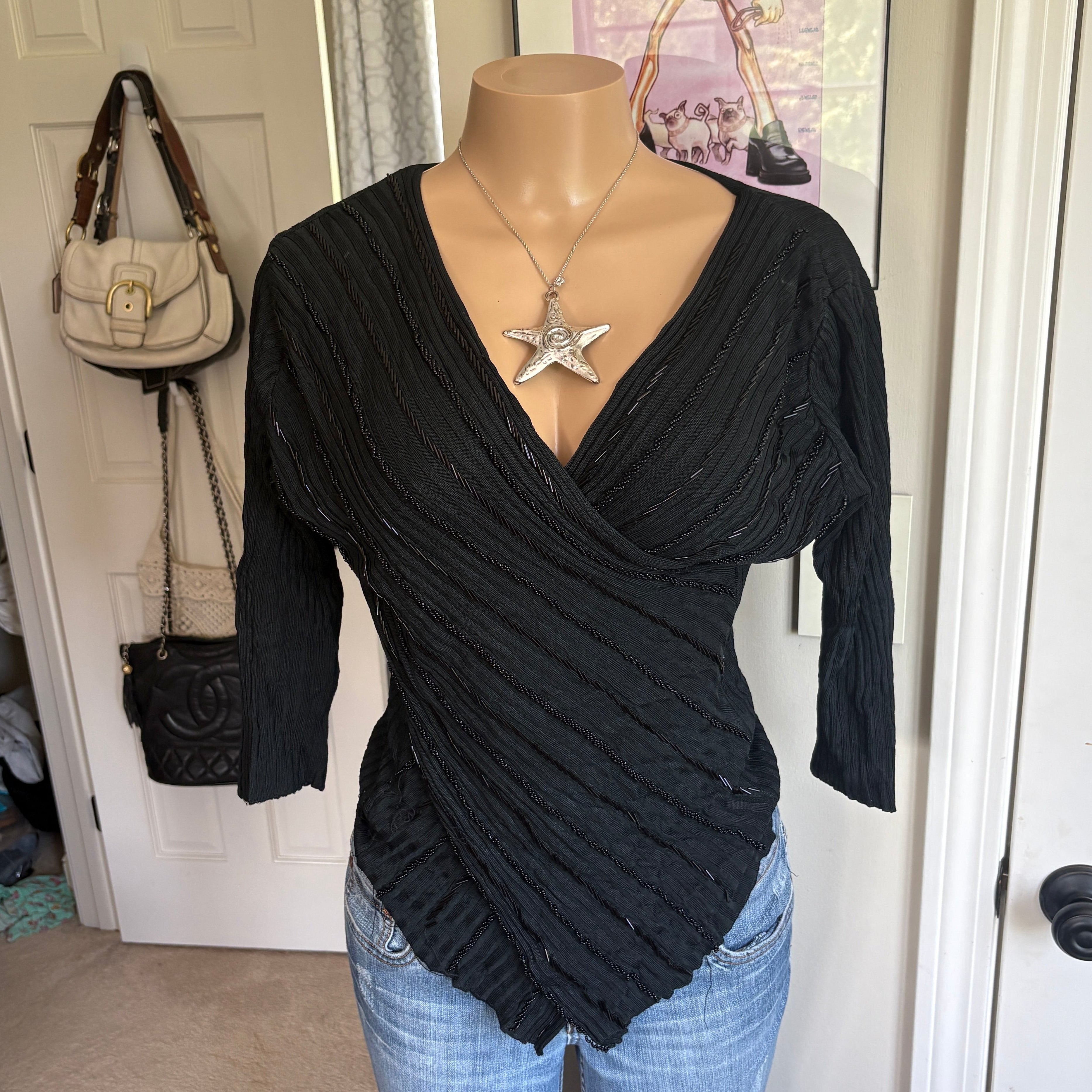 00s black beaded floral v neck wrap top (size L)