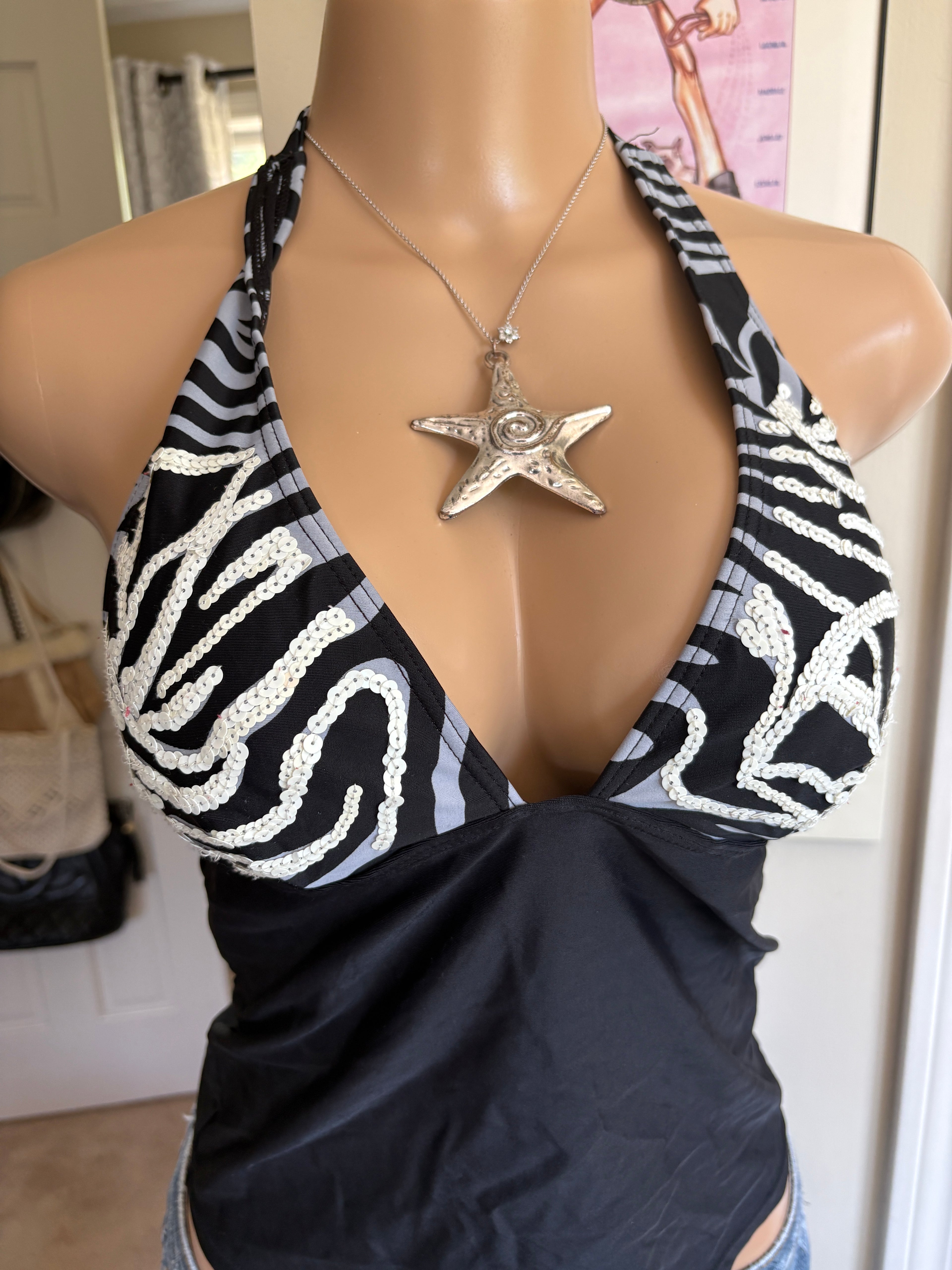 00s zebra v neck halter top (size (Copy) (Copy) (Copy) (Copy 3)