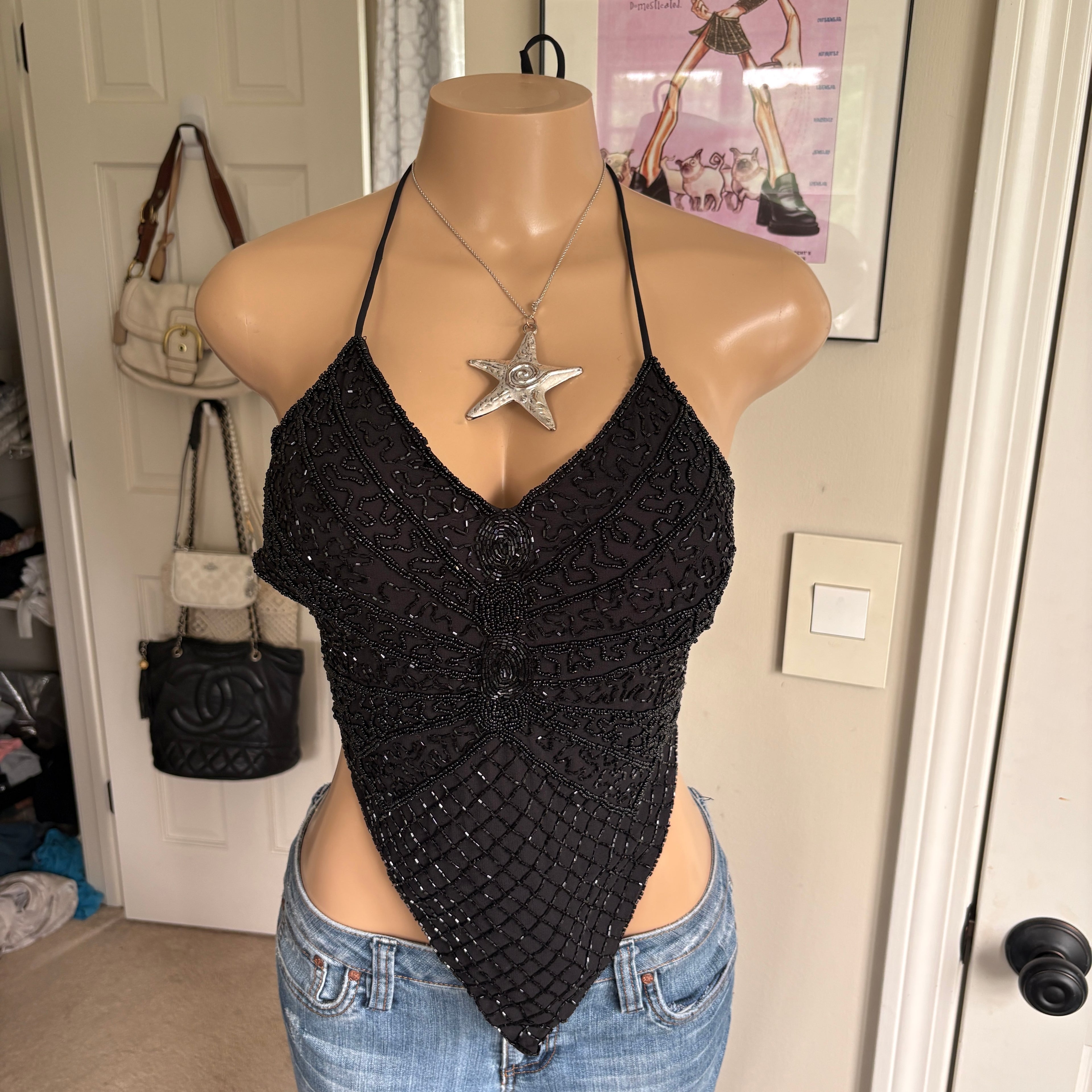 00s black beaded butterfly halter top (size S)