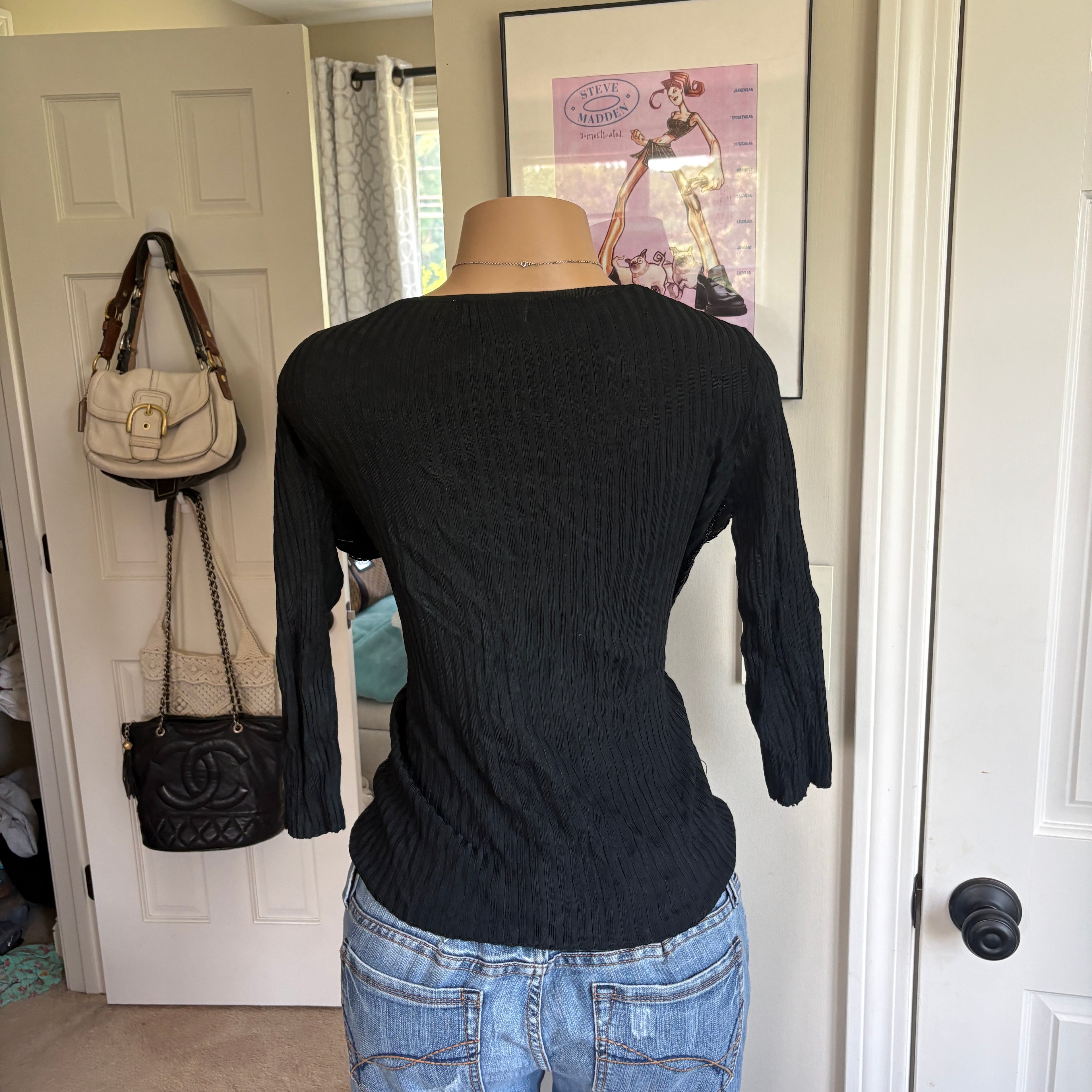 00s black beaded floral v neck wrap top (size L)