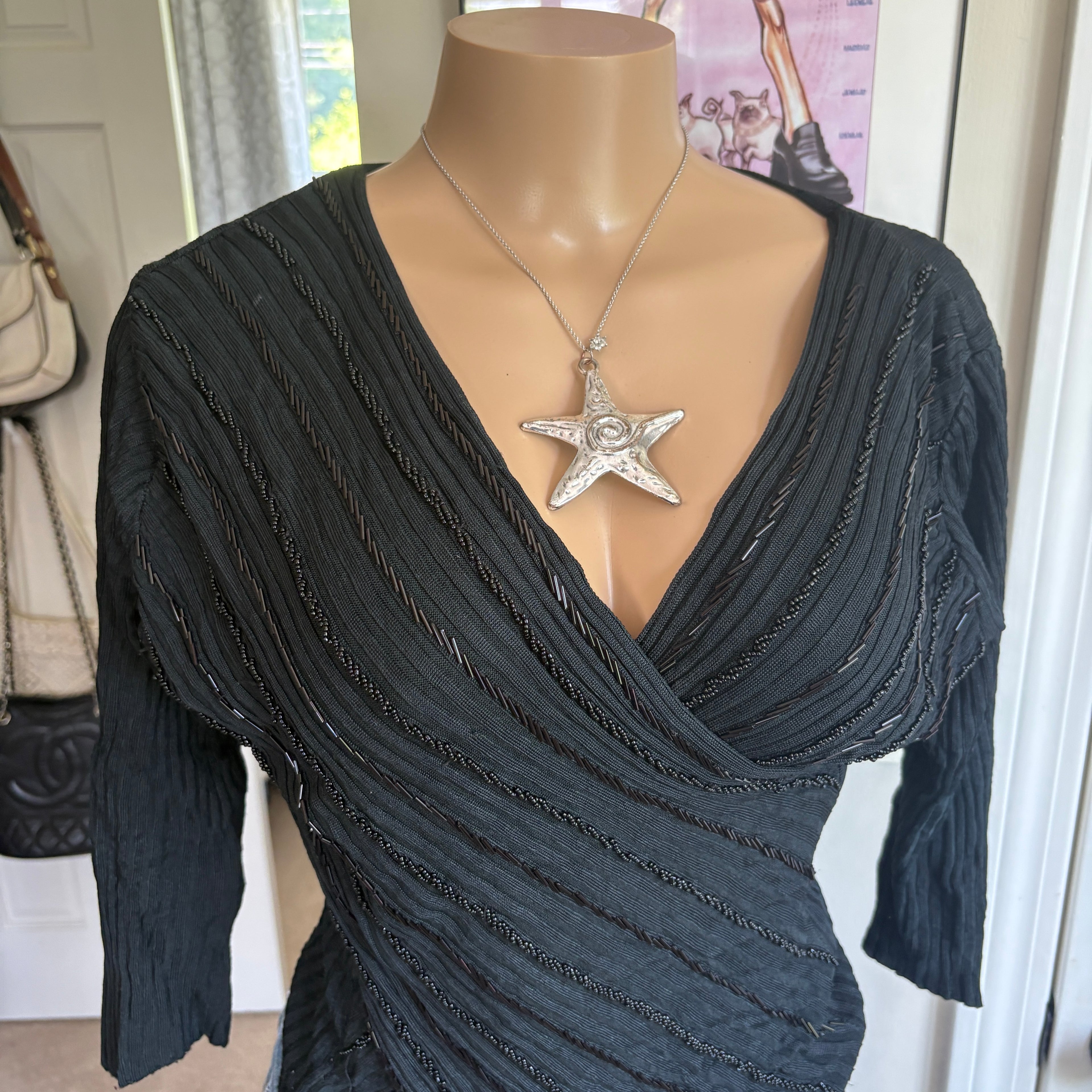 00s black beaded floral v neck wrap top (size L)