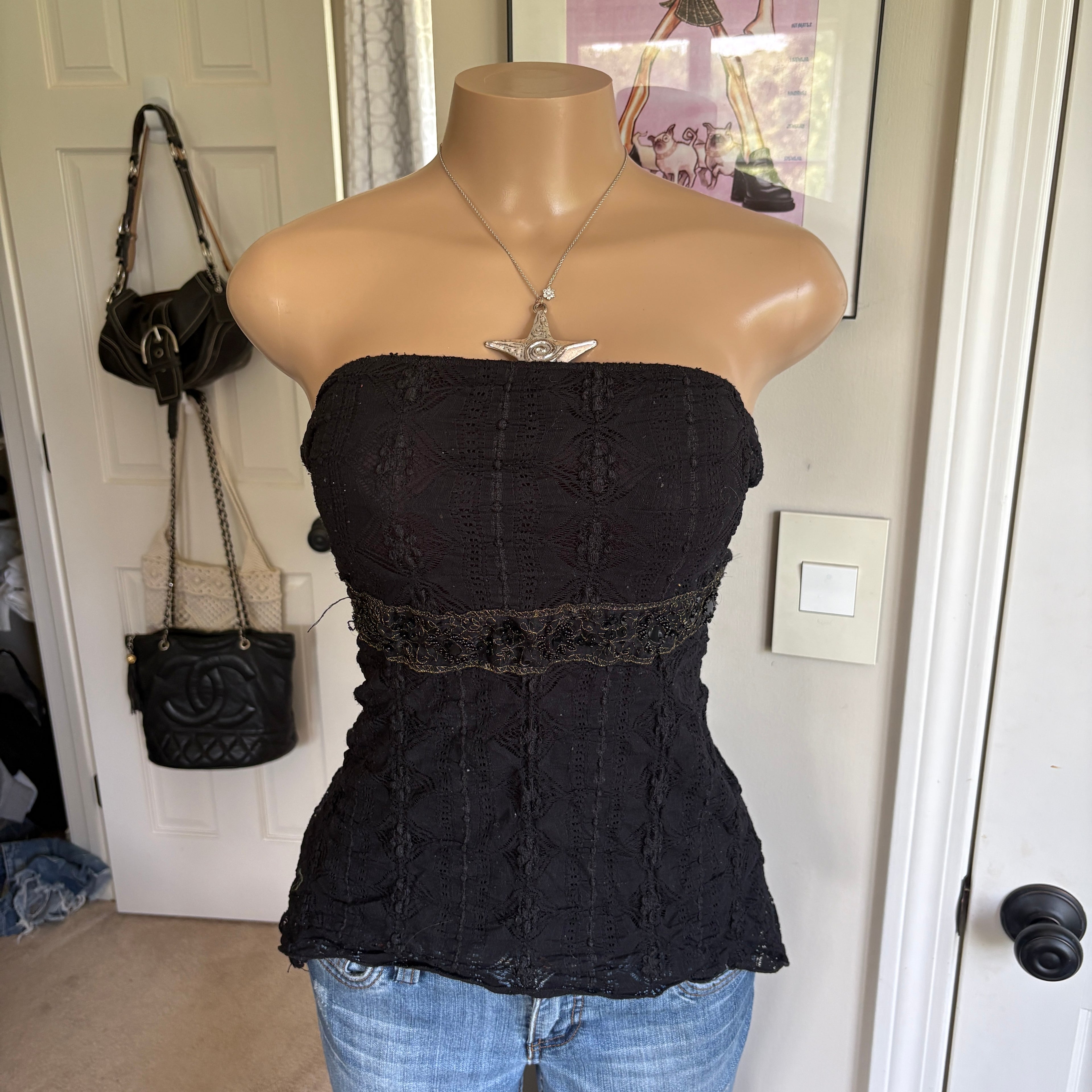 00s black floral lace tie back strapless top (size S)