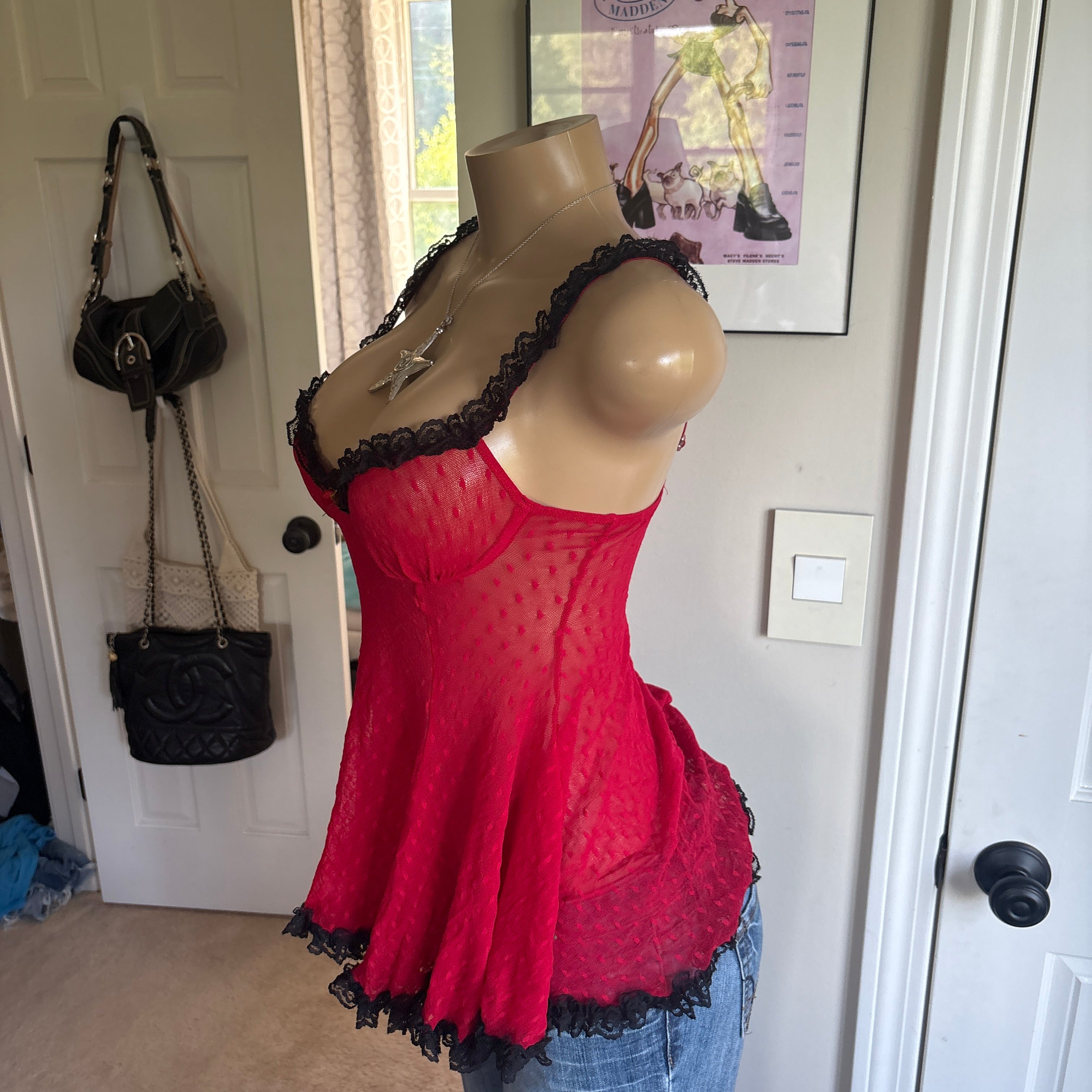 00s Victoria's Secret red rosette slip top (size S)