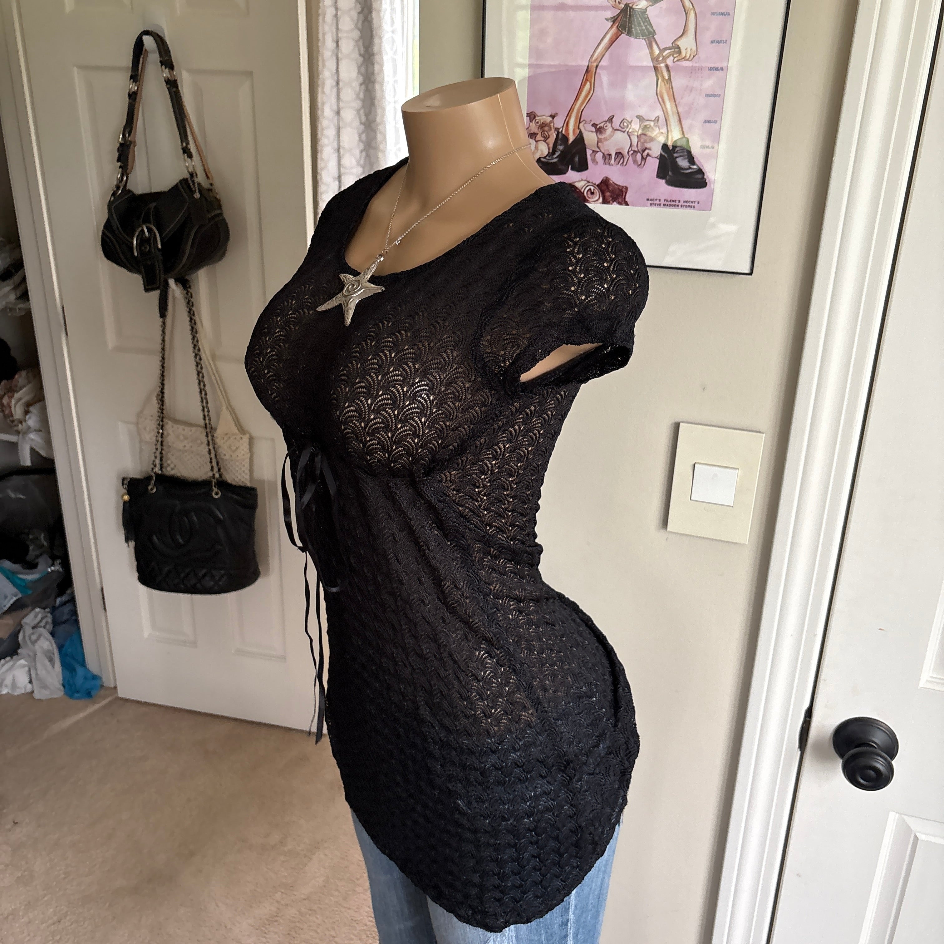 00s black knit crochet bow short sleeve (size M)