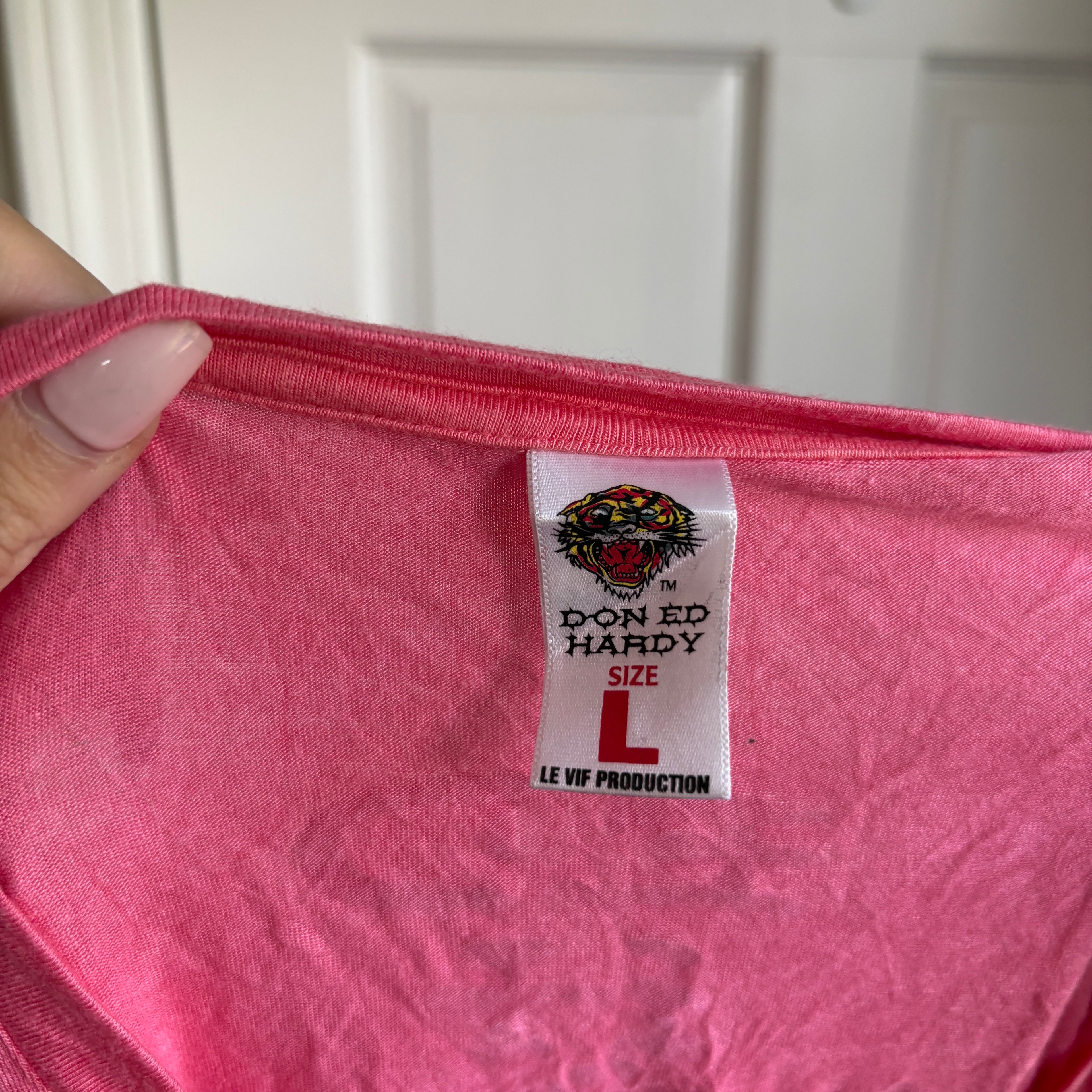 00s Ed Hardy pink rhinestone tiger top (size L)