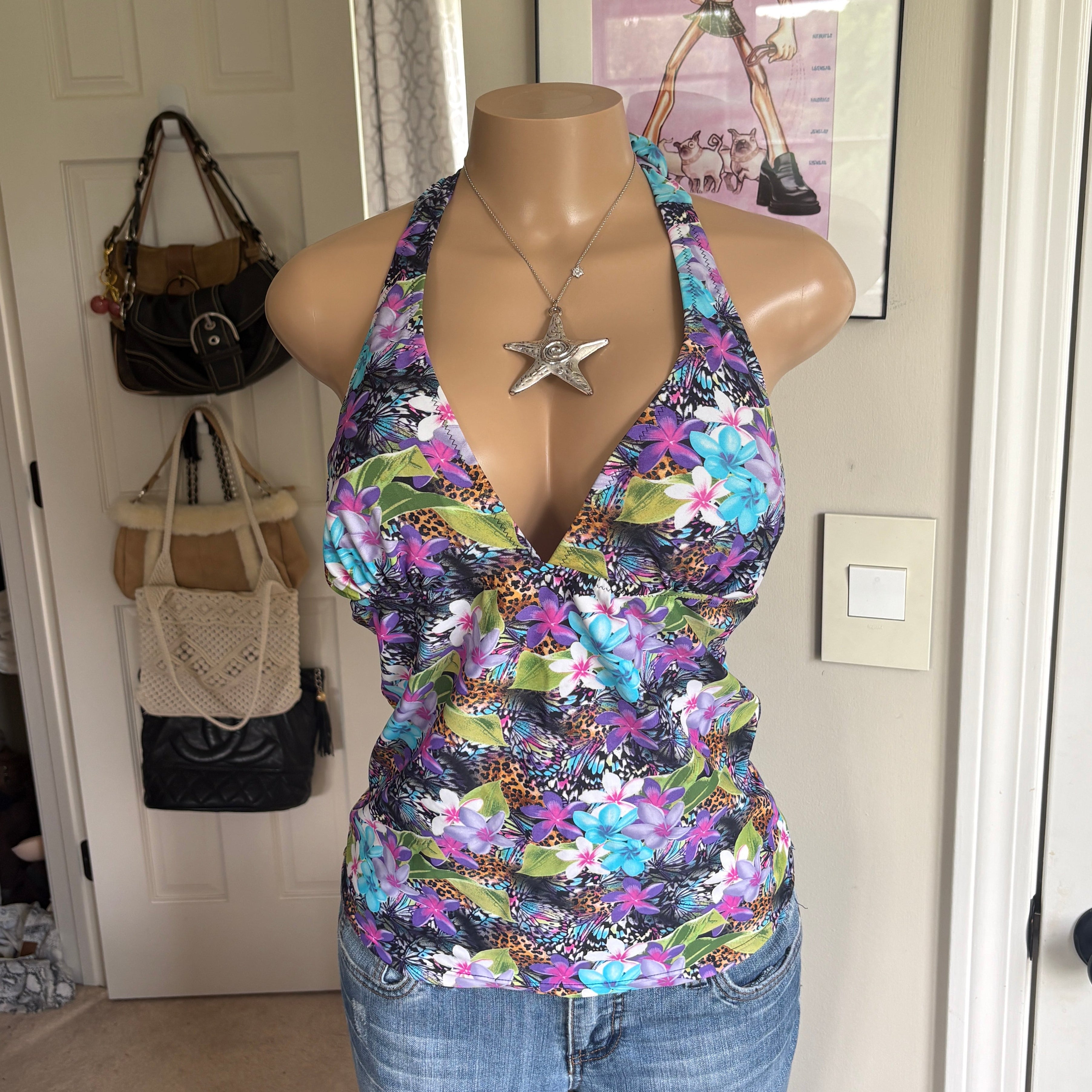 00s floral v neck halter top (size L)