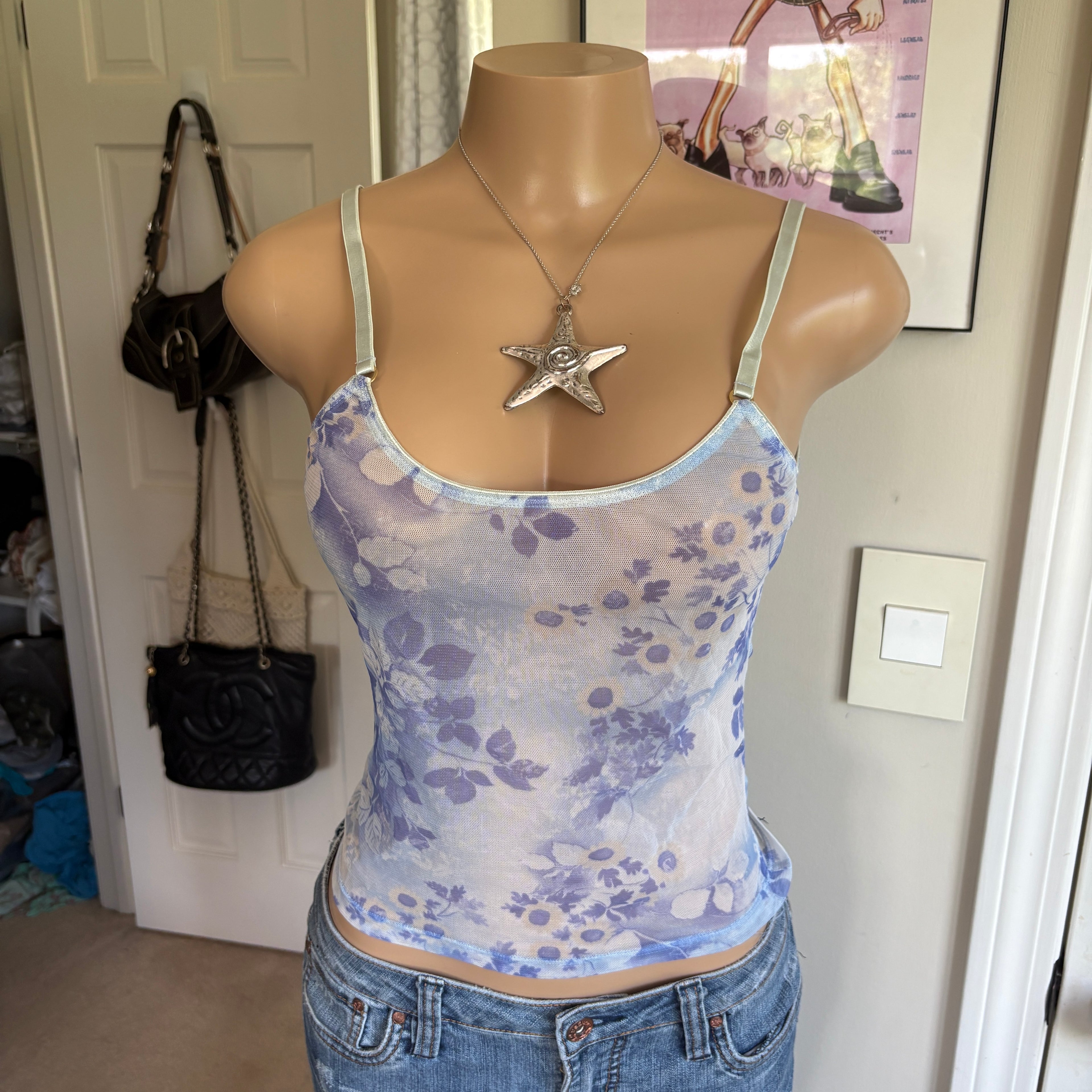 00s blue floral mesh cami (size S)