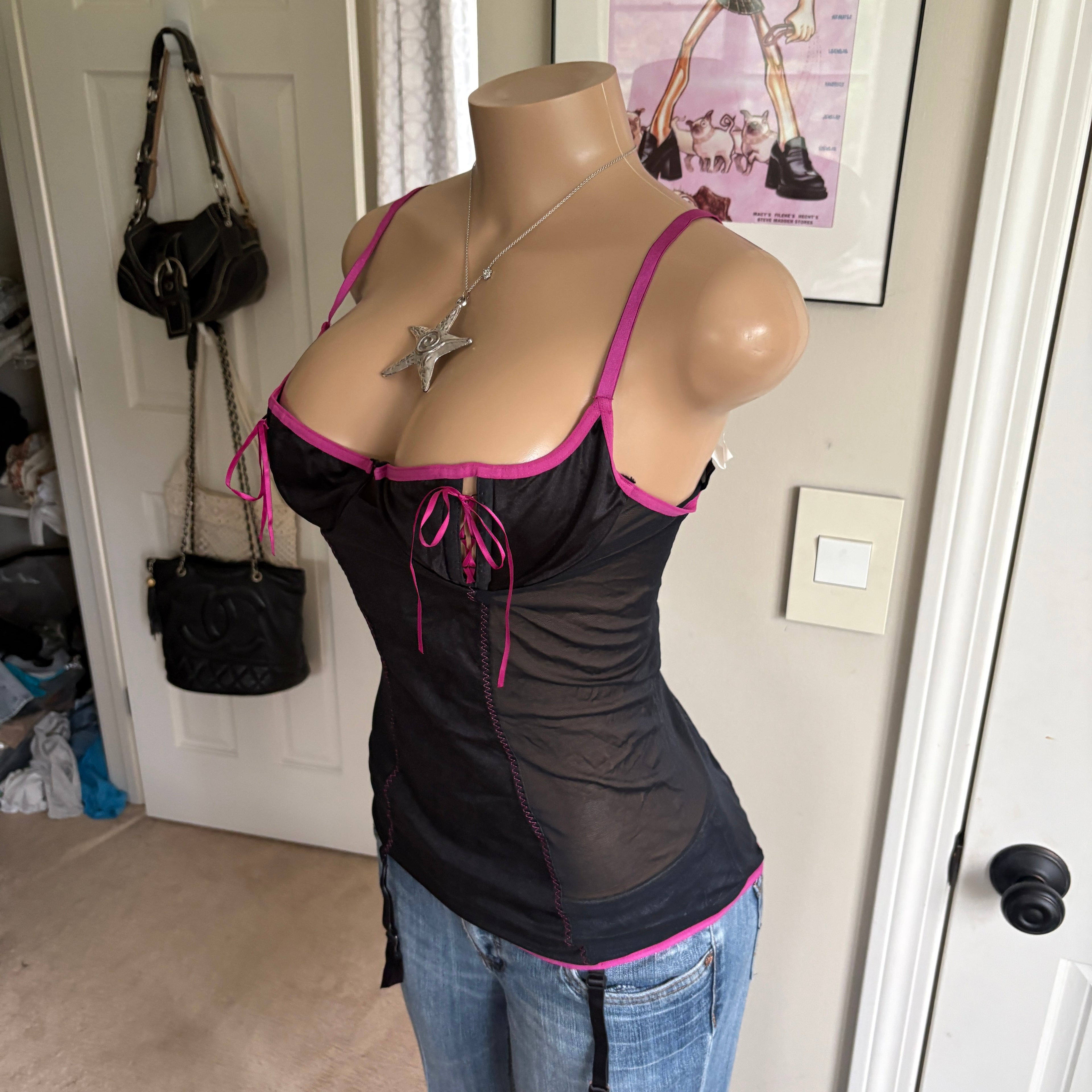 00s Frederick's of Hollywood black & pink bustier top (size L)