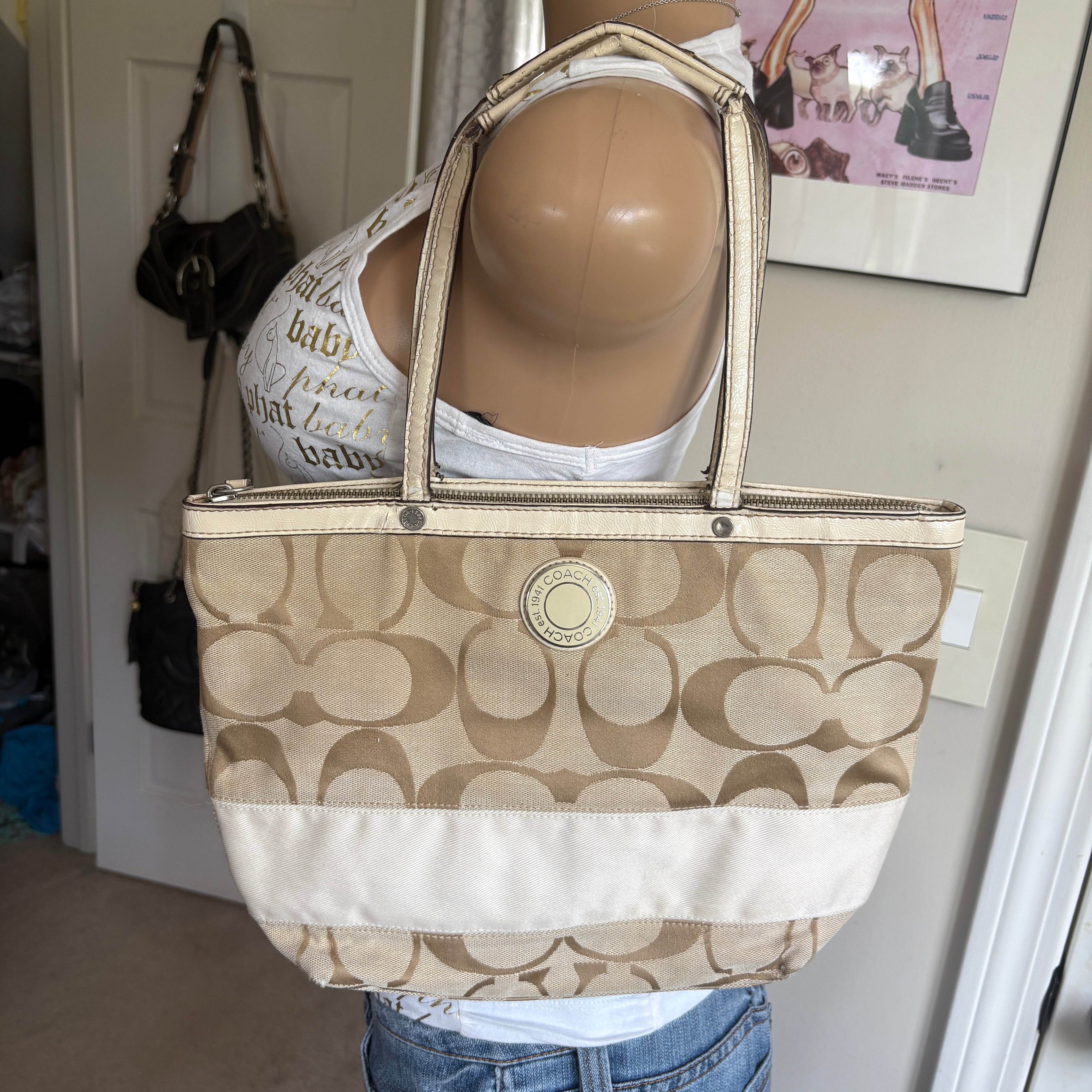 00s vintage Coach signature khaki & white stripe shoulder bag