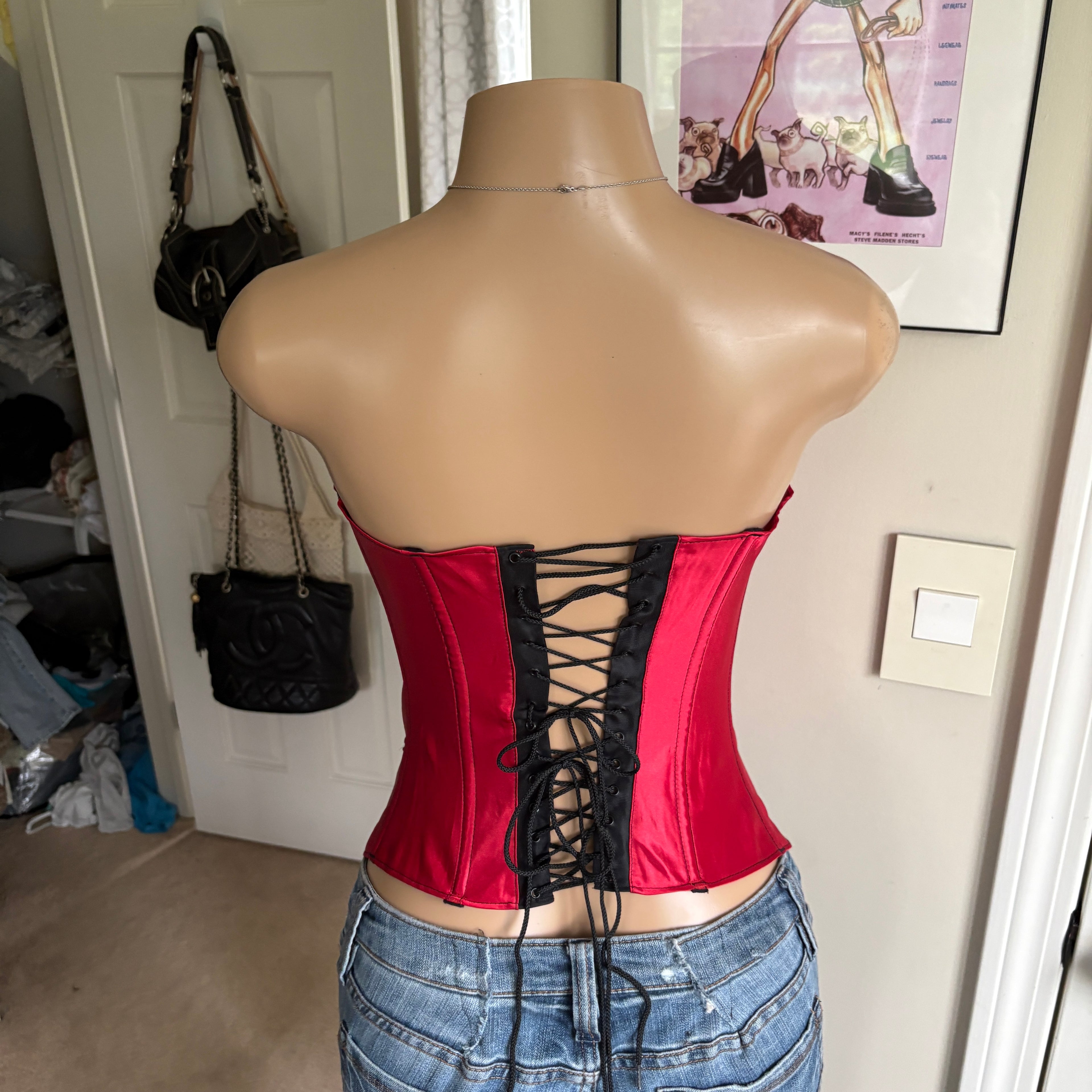 00s Frederick's of Hollywood red & black floral corset top (size S)