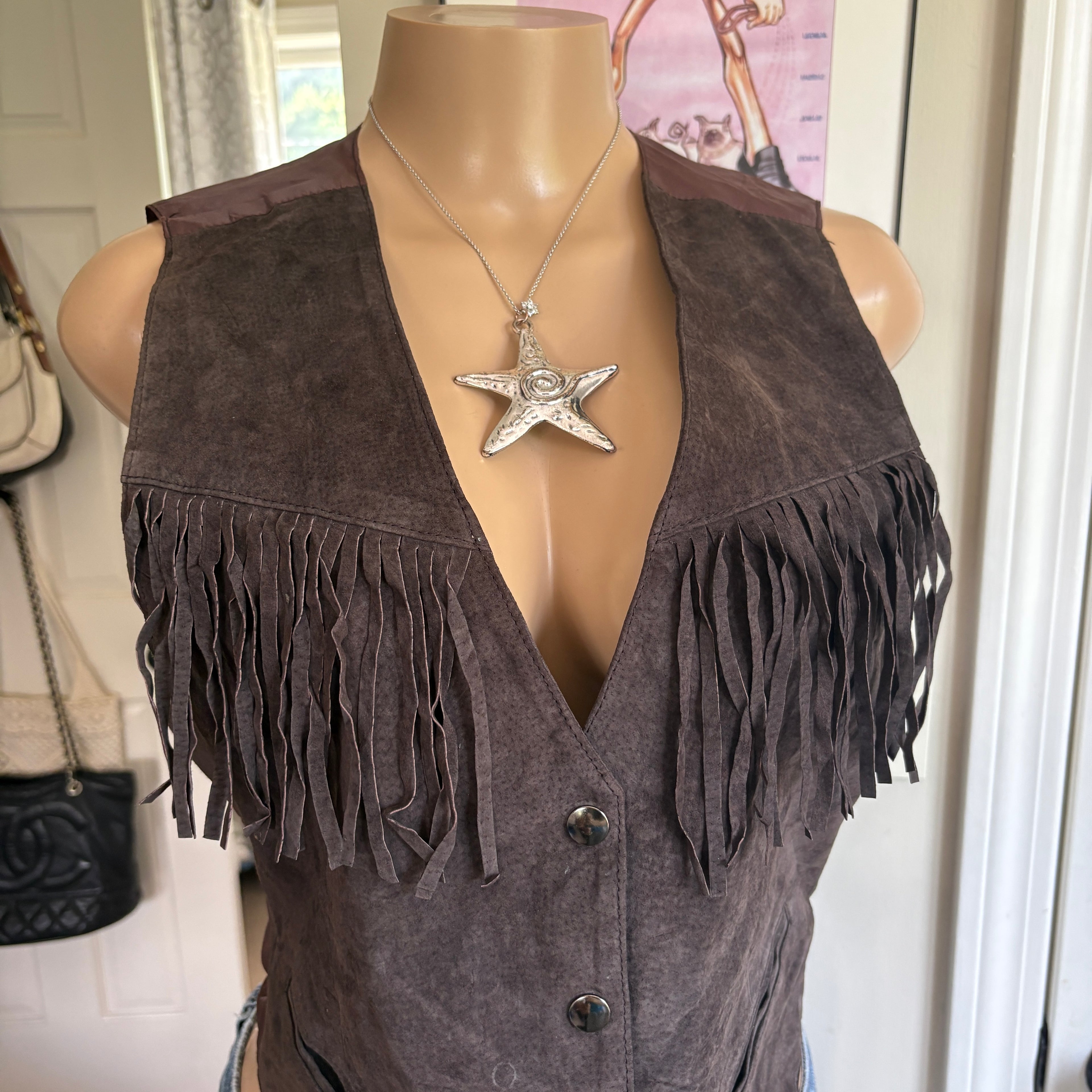 00s western brown leather fringe vest (size S)