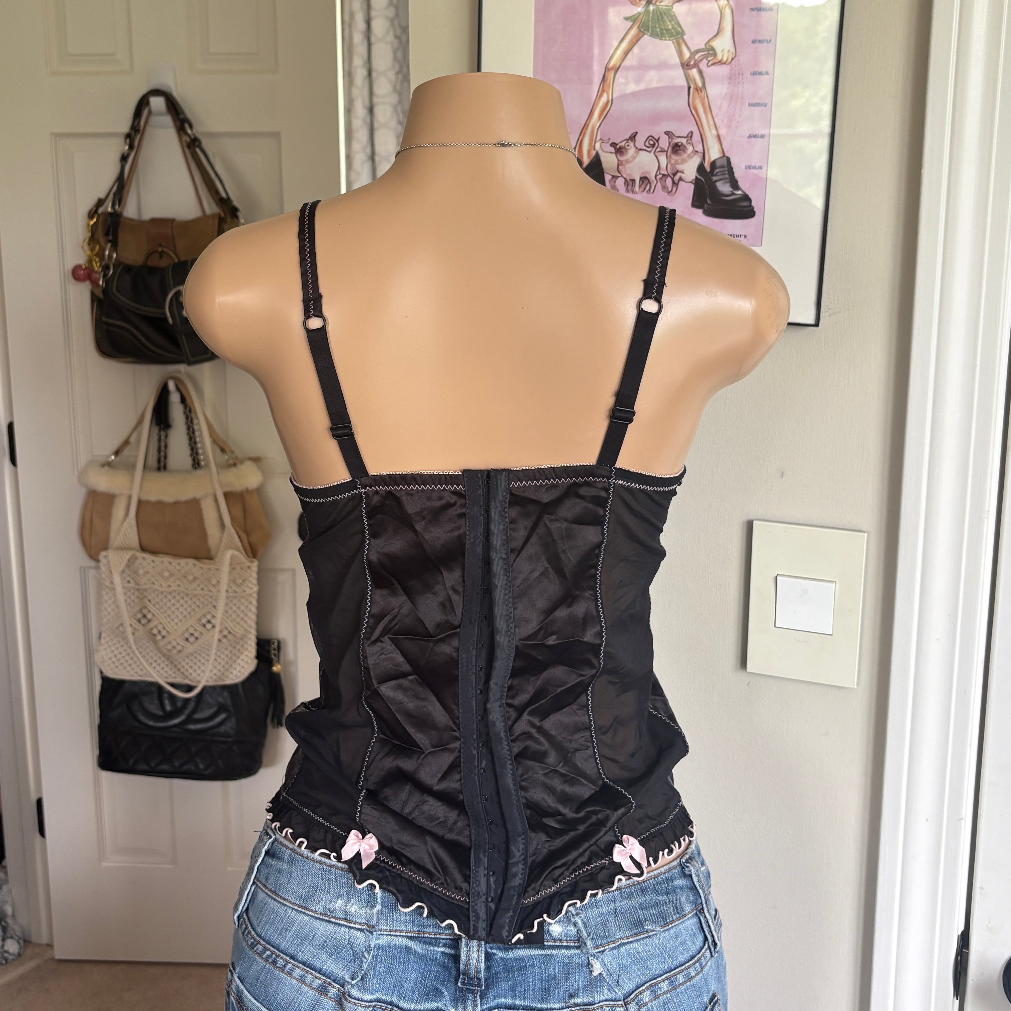 00s black & pink bow bustier corset top (size 36C)