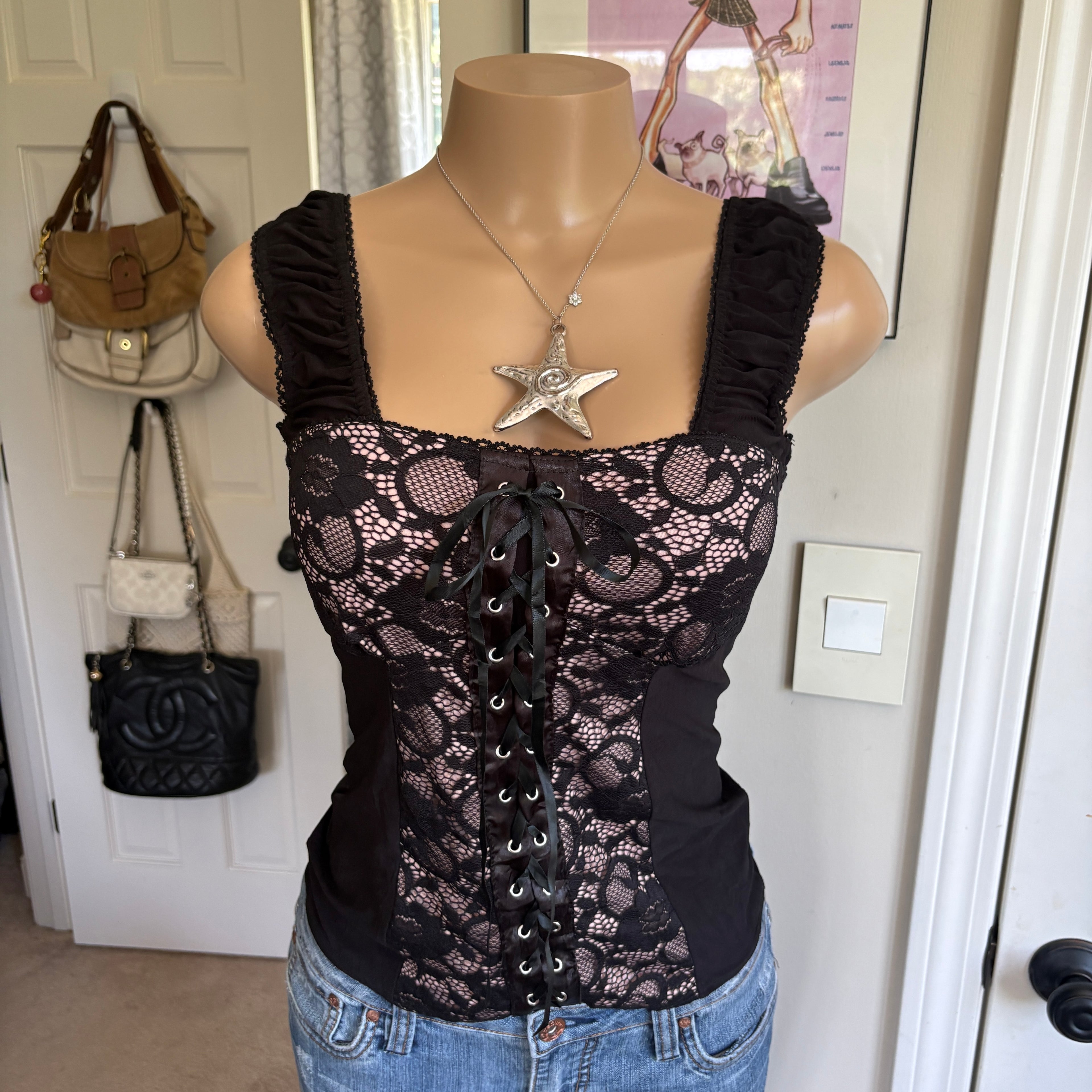 00s black floral lace up tank top (size XS)
