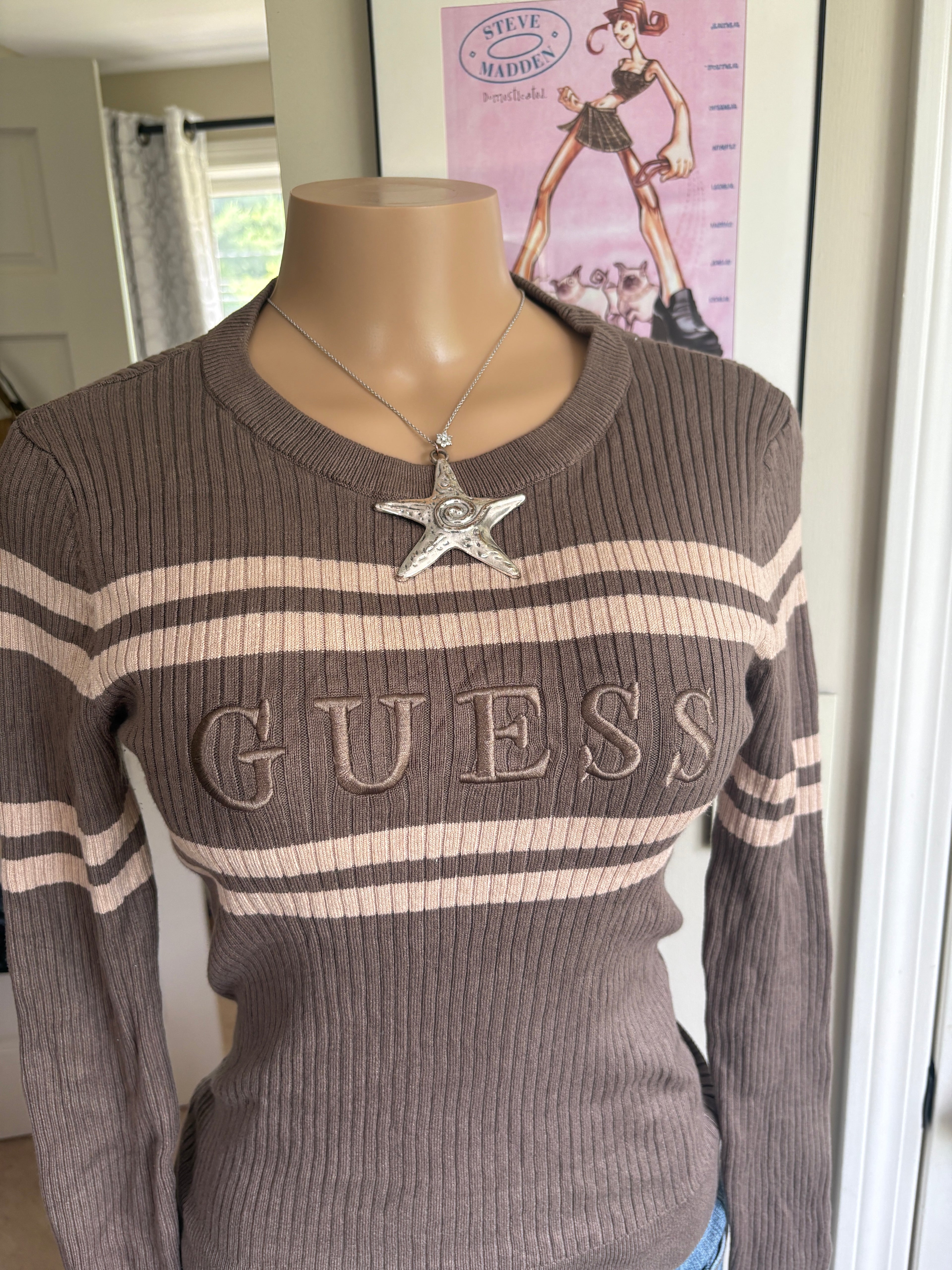 00s Guess spellout brown striped sweater (size M)