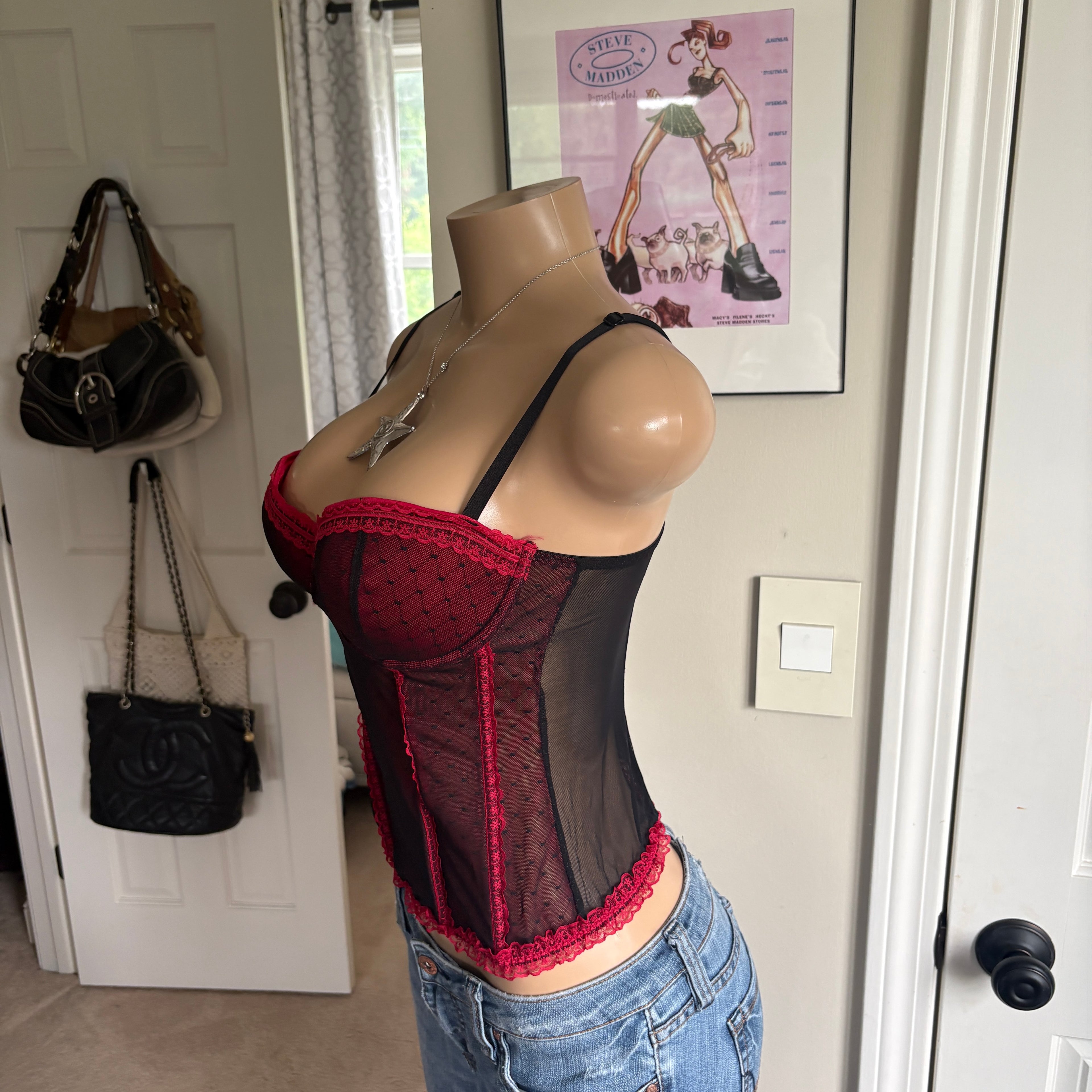 00s red & black mesh corset top (size L)