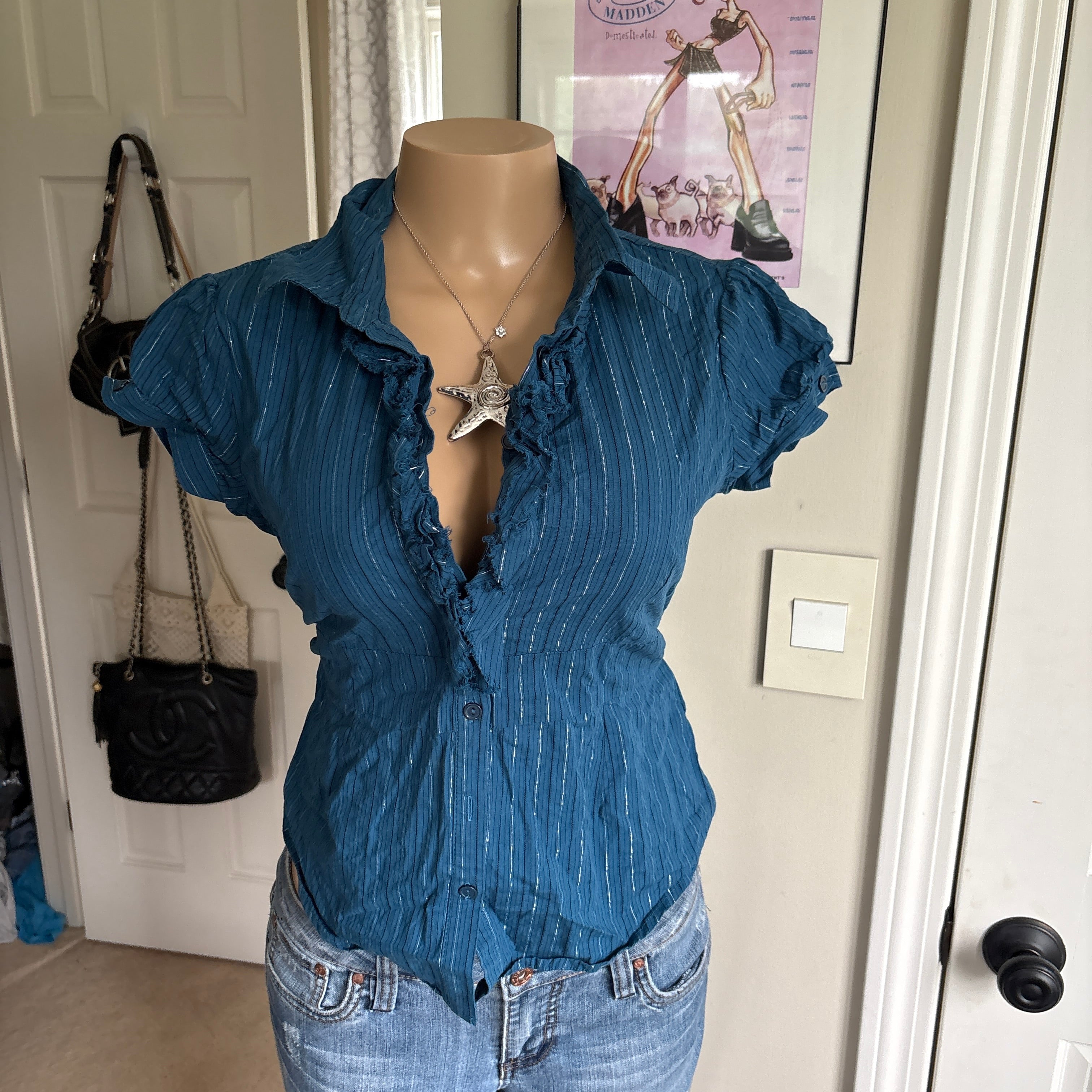 00s blue tie back button down top (size M)