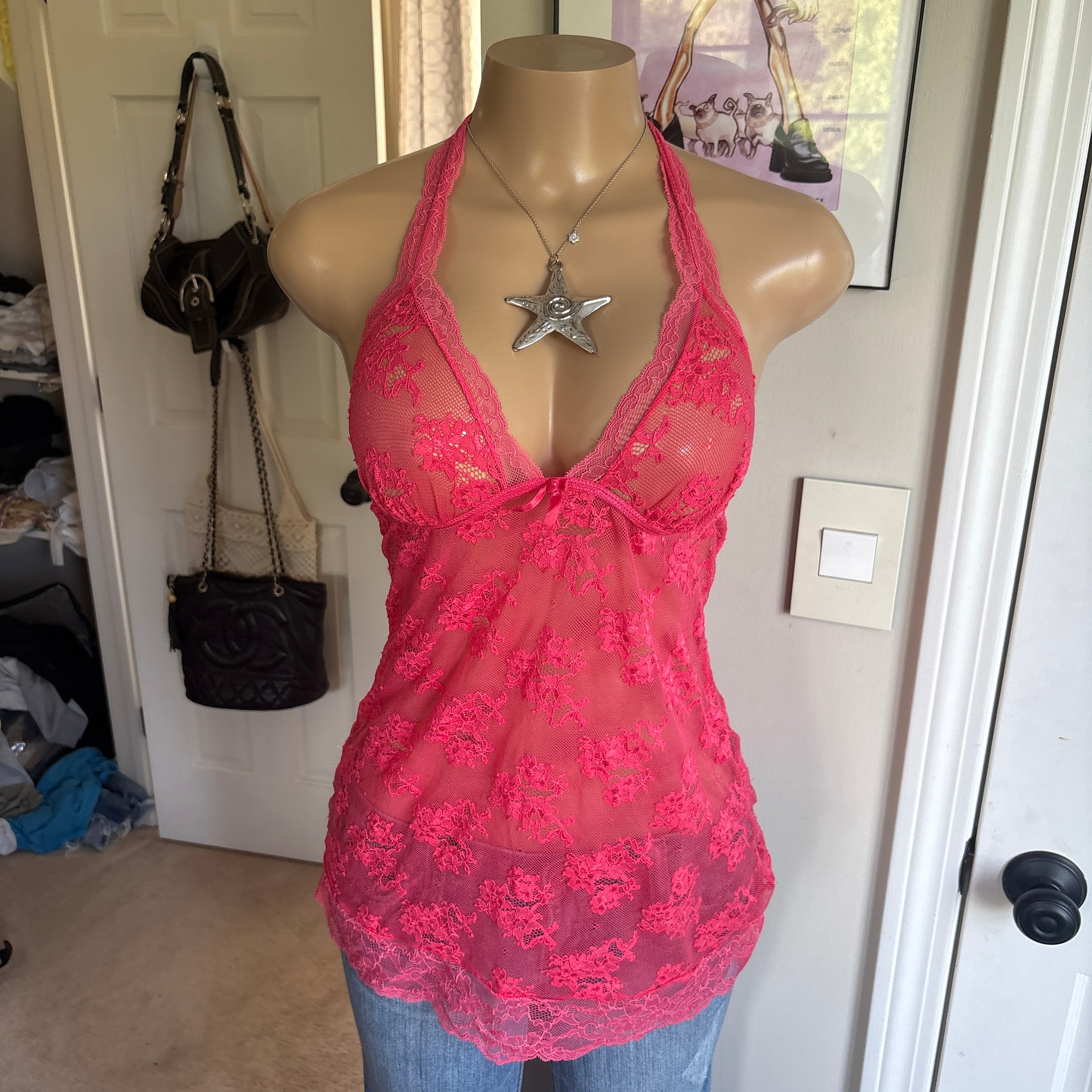 00s Victoria's Secret hot pink lace halter slip top (size M)