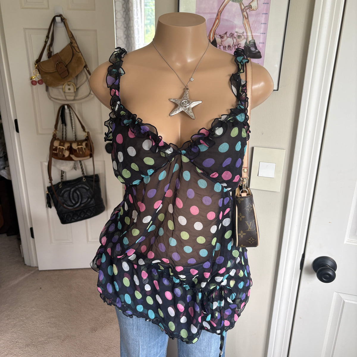 00s Victoria's Secret black & polka dot tank top (size L)
