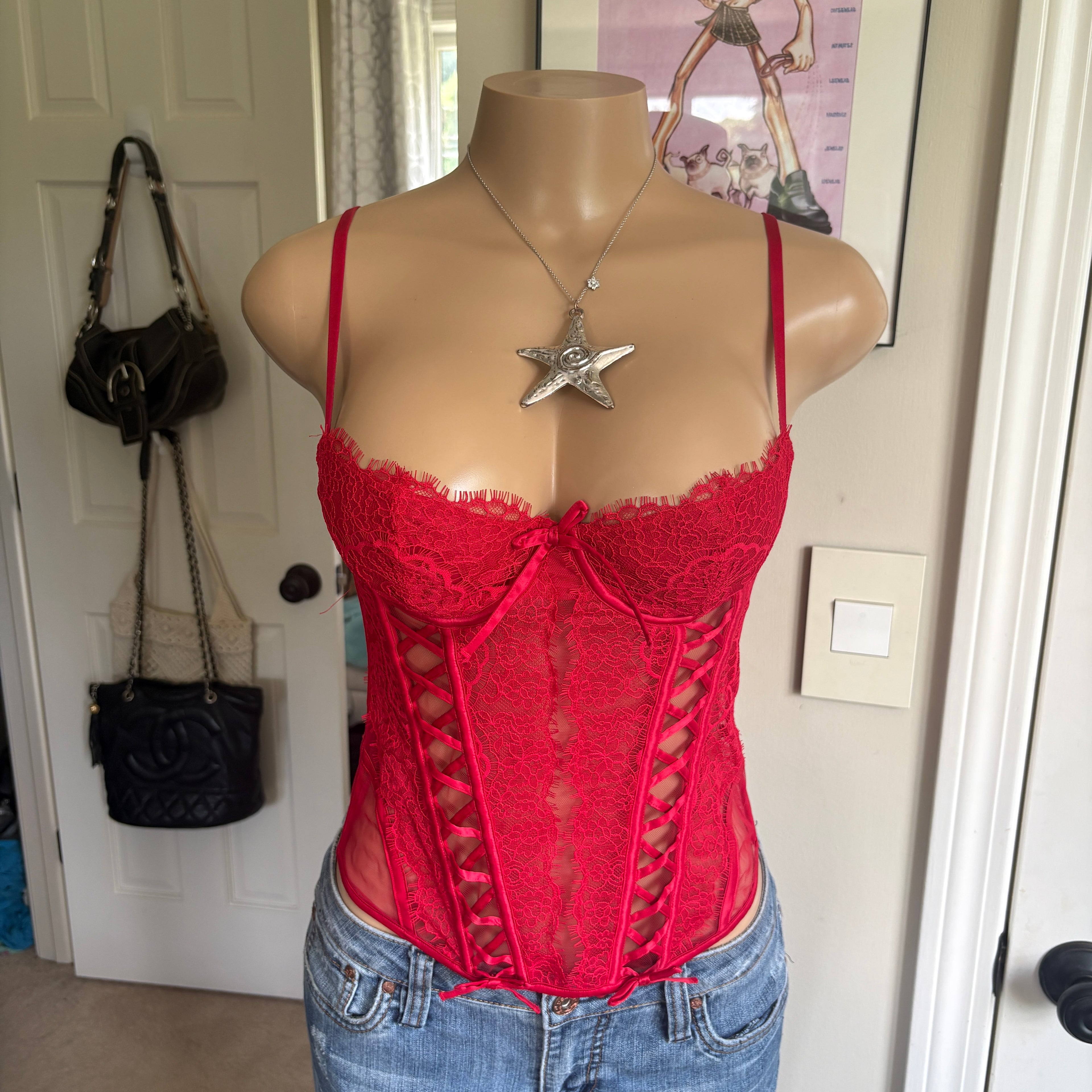 00s red lace up bustier corset top (size S)