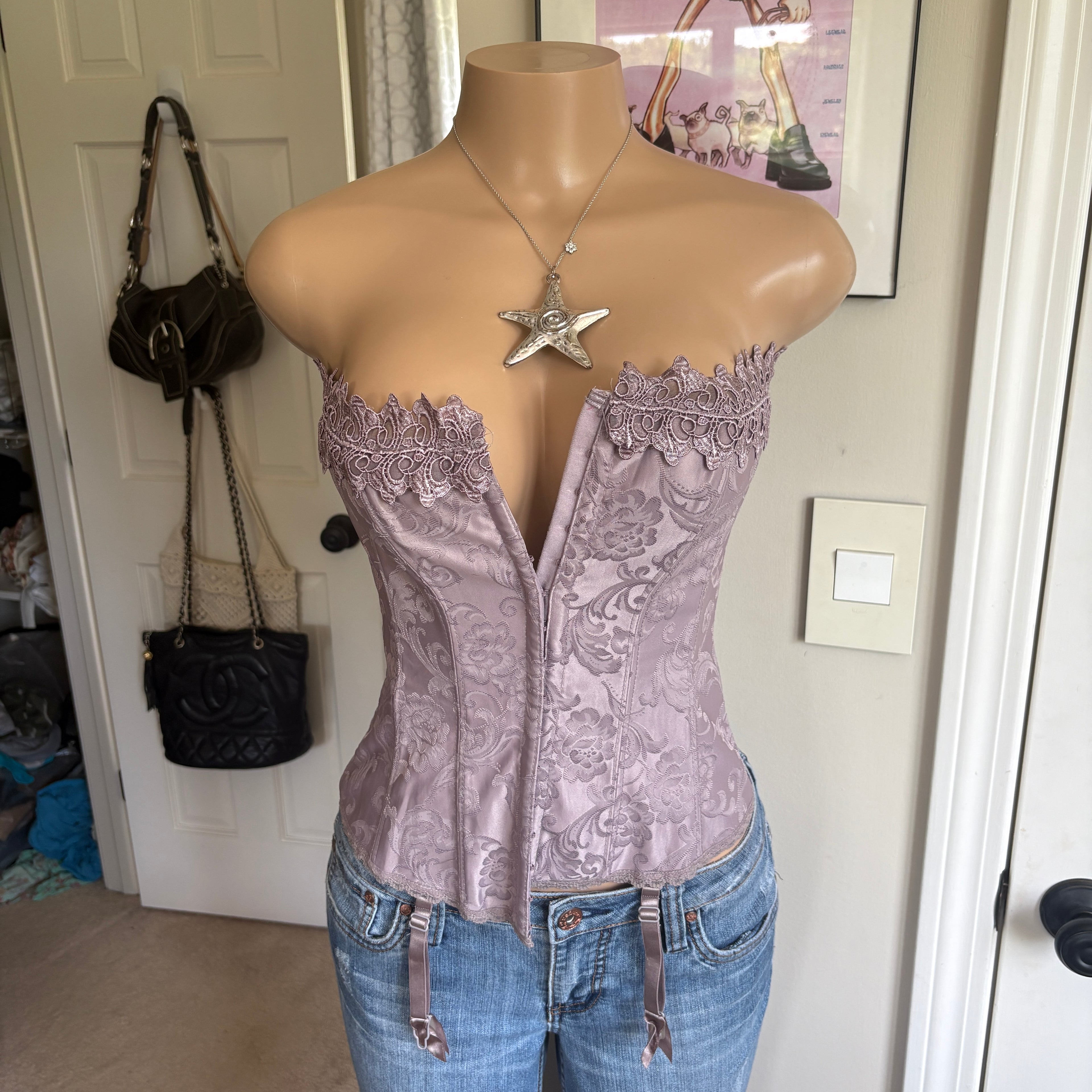 00s Frederick's of Hollywood gray floral corset top (size S)