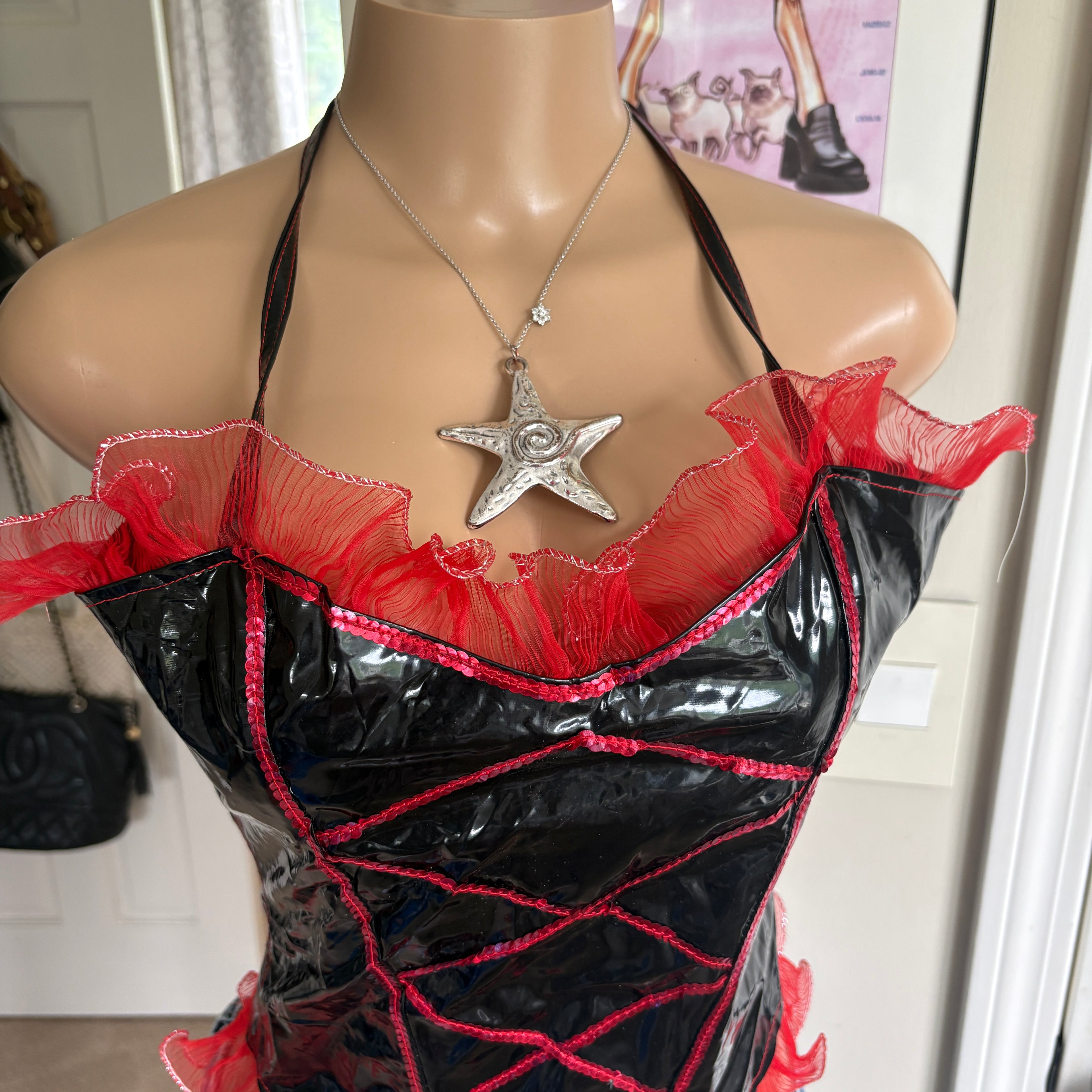 00s black & red latex corset halter top (size M)