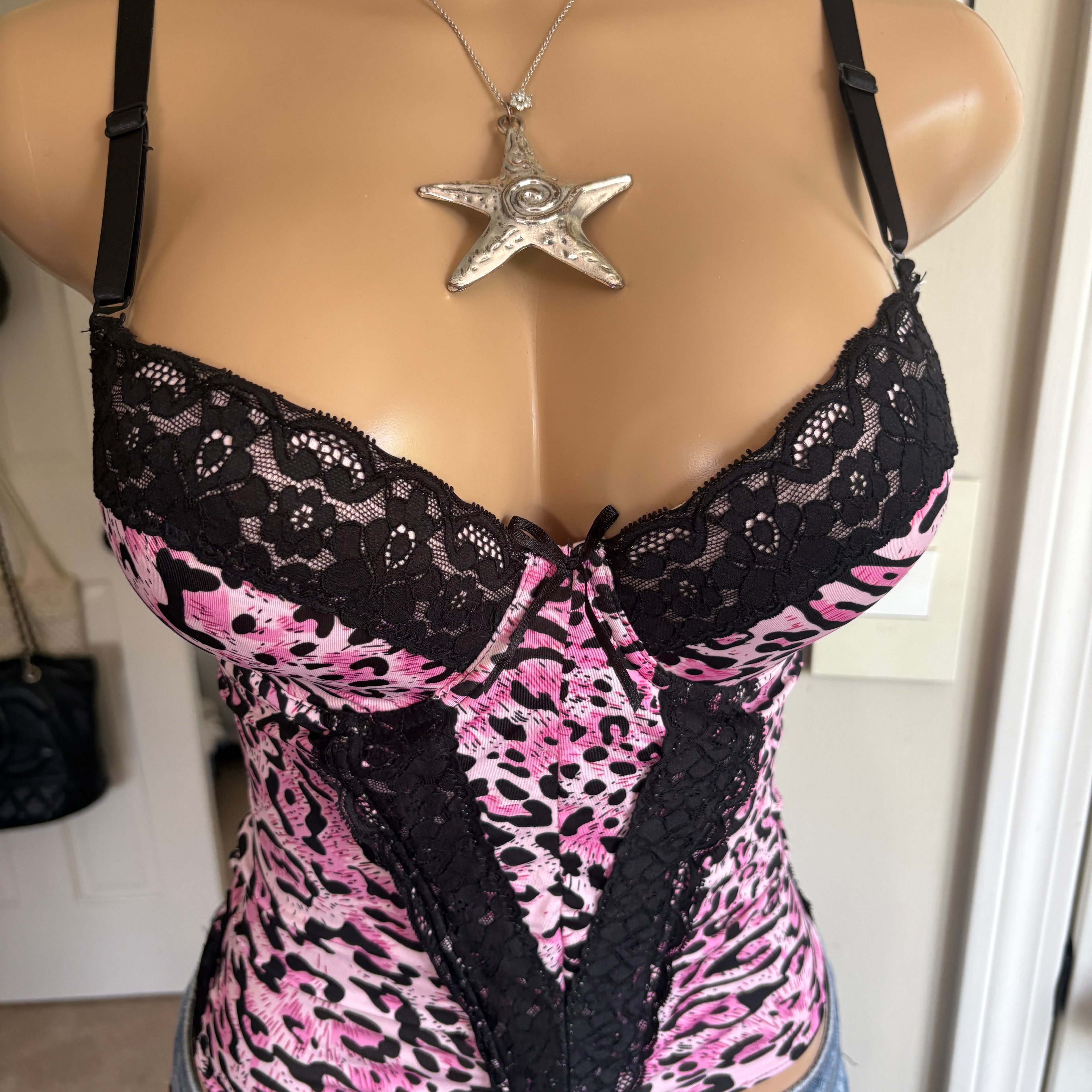 00s pink leopard print bustier corset top (size 34C)