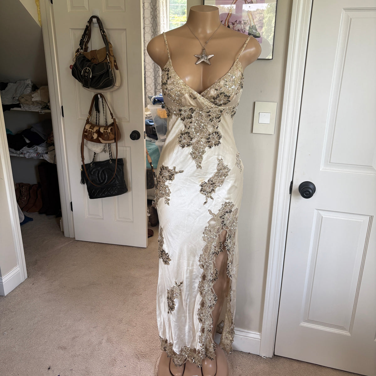 00s Cache silk beaded maxi dress (size M)