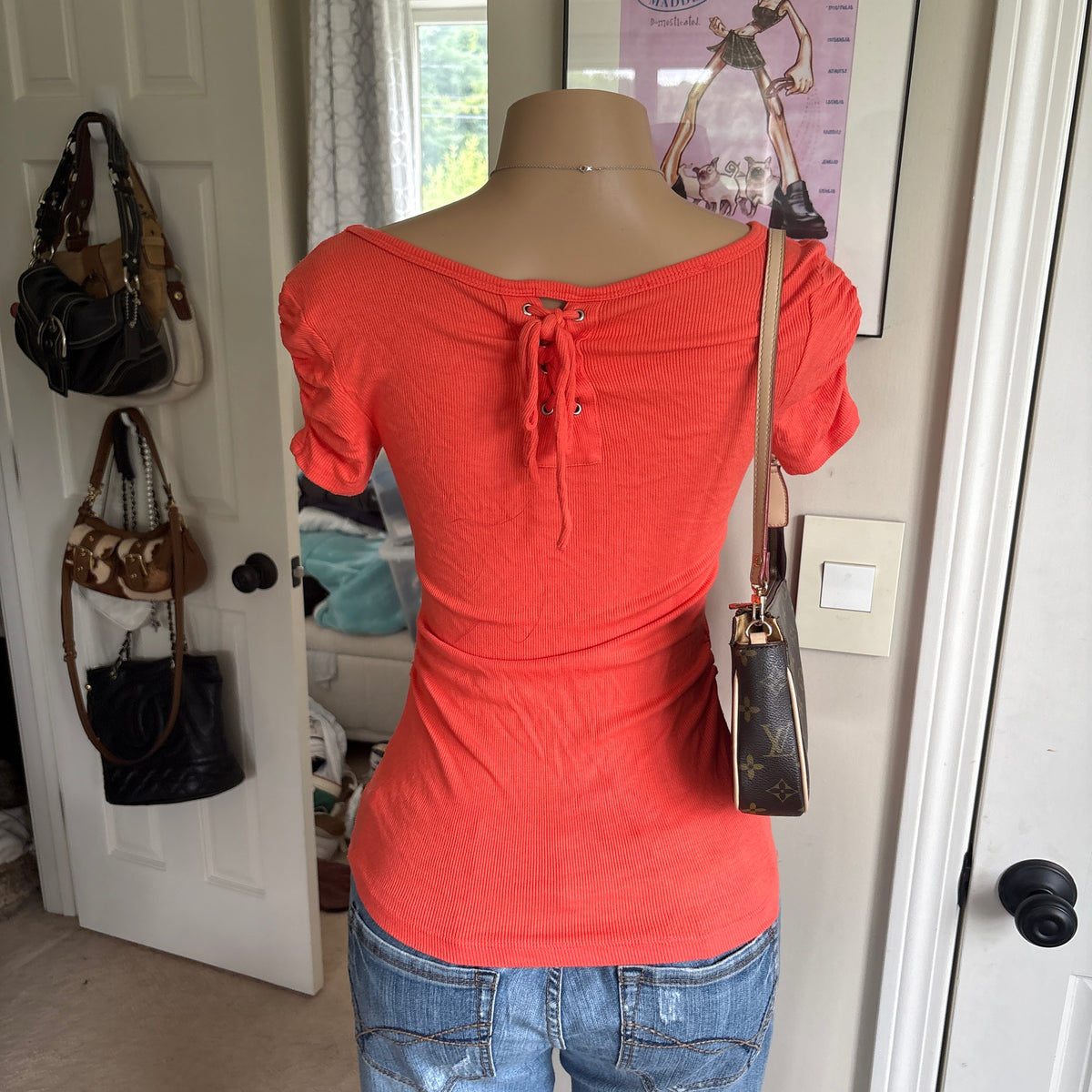 00s Bebe coral bling spellout top (size M)