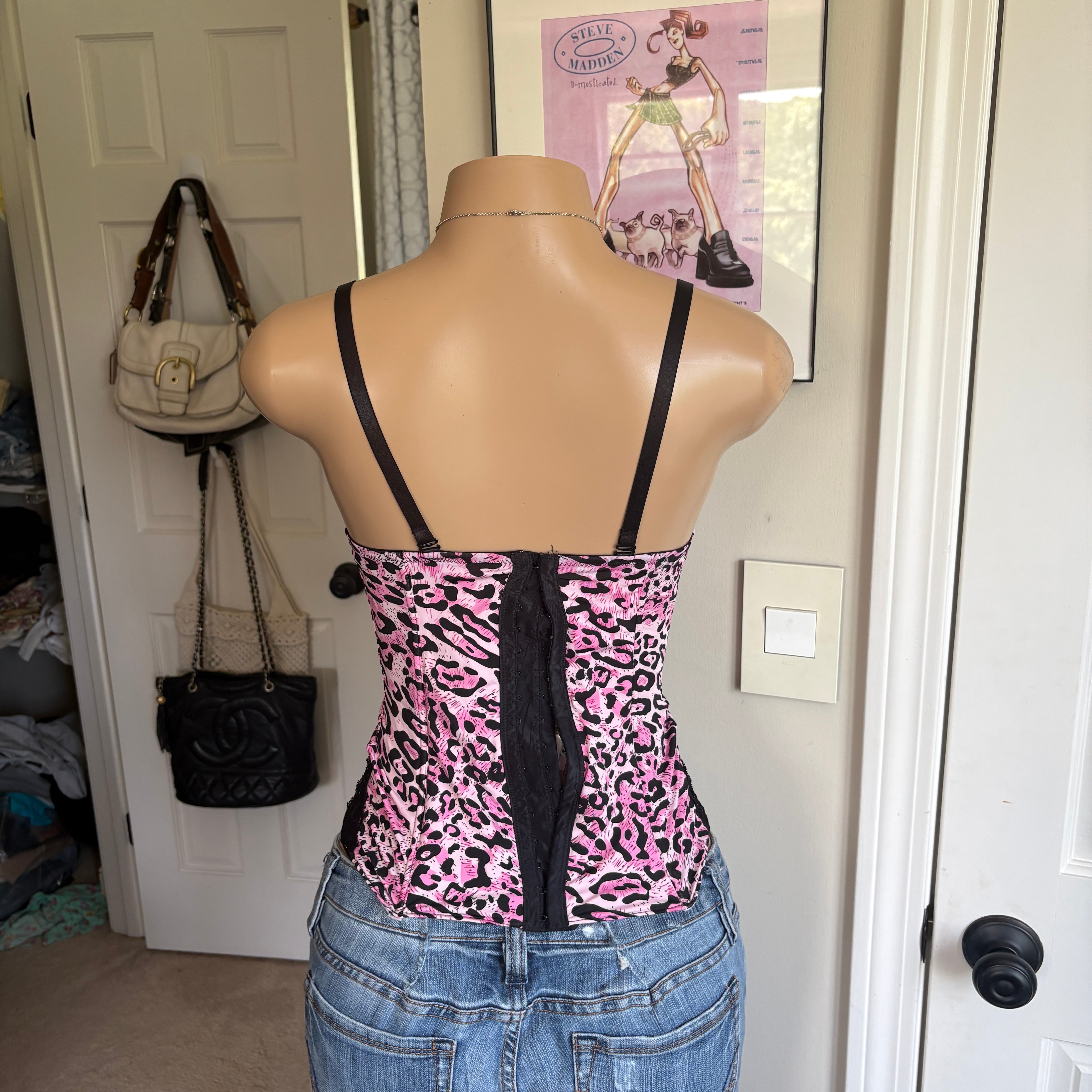 00s pink leopard print bustier corset top (size 34C)