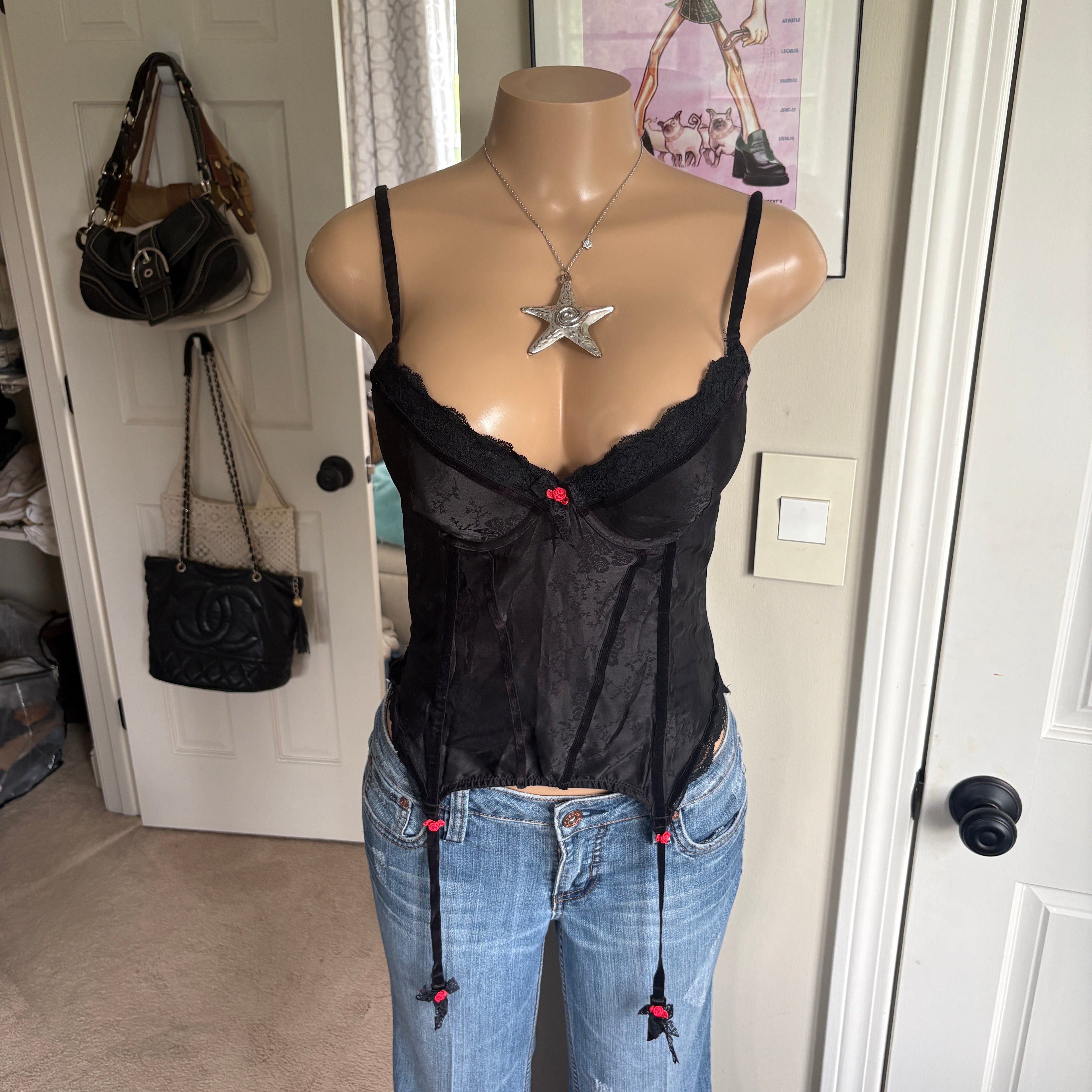 00s black floral rosette corset bustier top (size 36B)