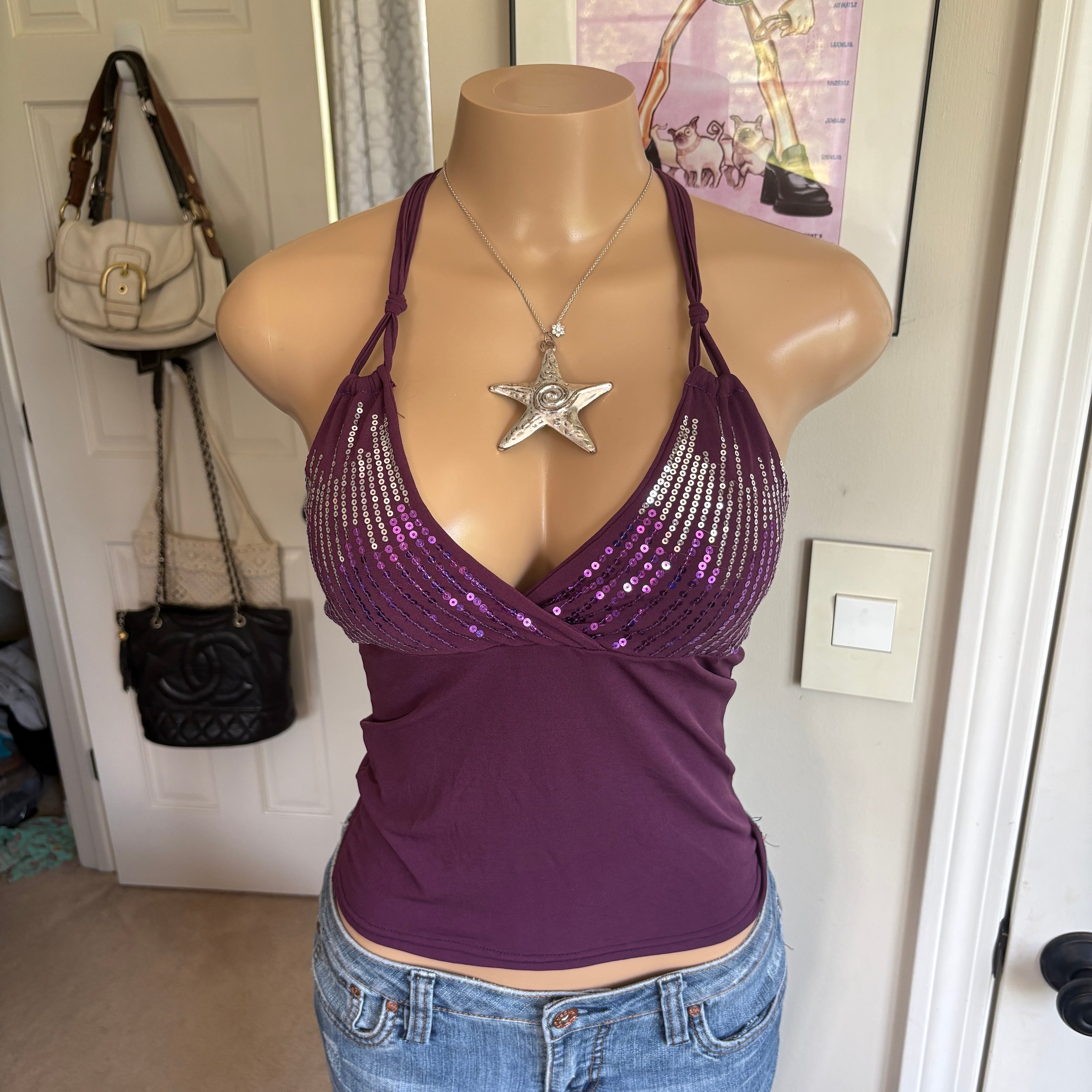 00s purple sequin v neck halter top (size S/M)